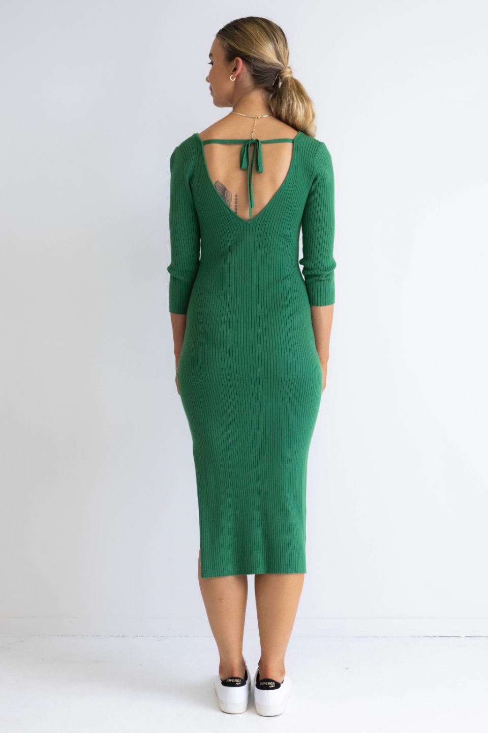 Equinox Kelly Green Half Sleeve V Neck Tie Back Rib Knit Midi Dress - Women's Casual Summer Dress for Beach, Party & Date Night