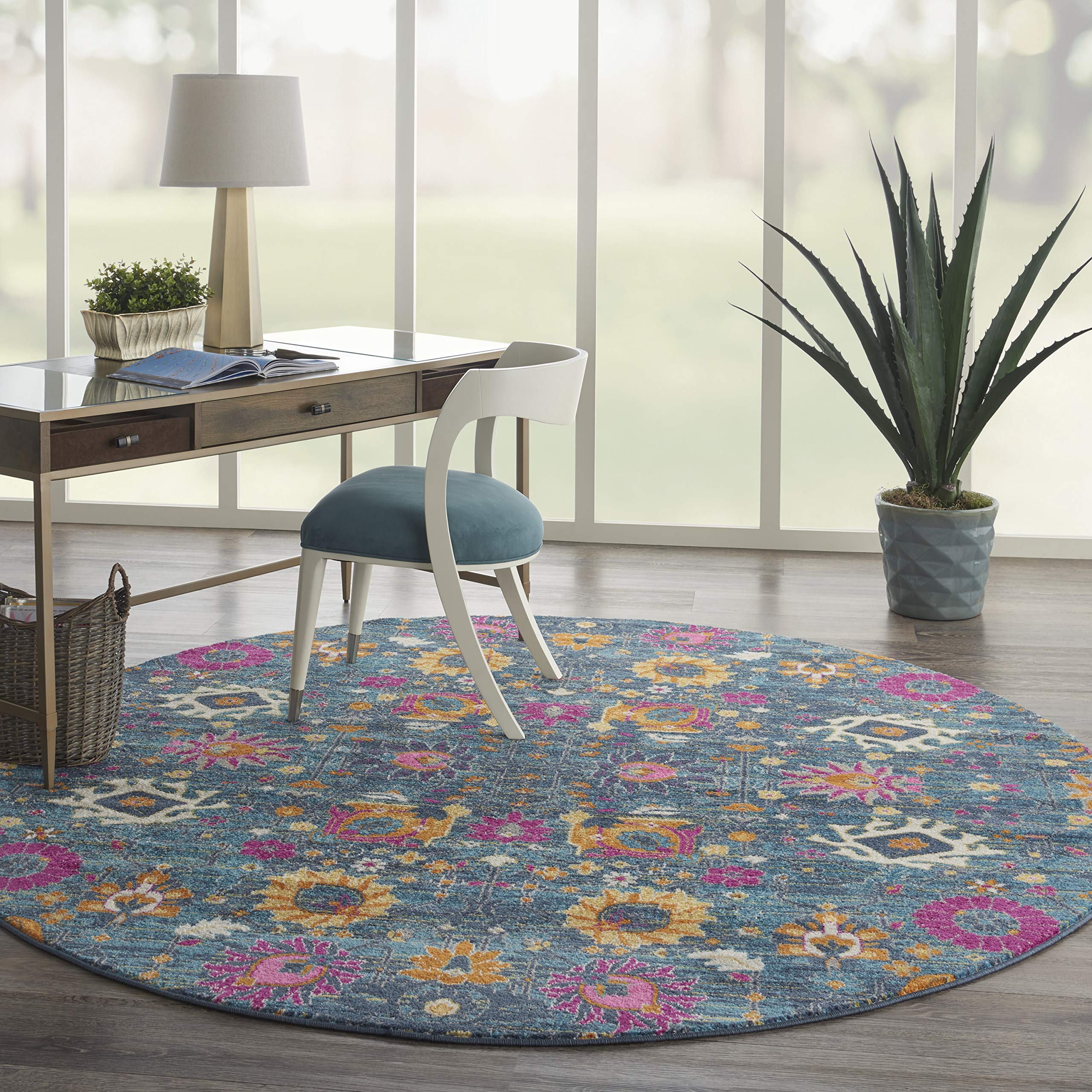 Nourison Passion Denim 8' Round Boho Moroccan Area Rug - Non-Shedding & Easy to Clean - Perfect for Living Room, Bedroom, Dining Room or Kitchen Decor