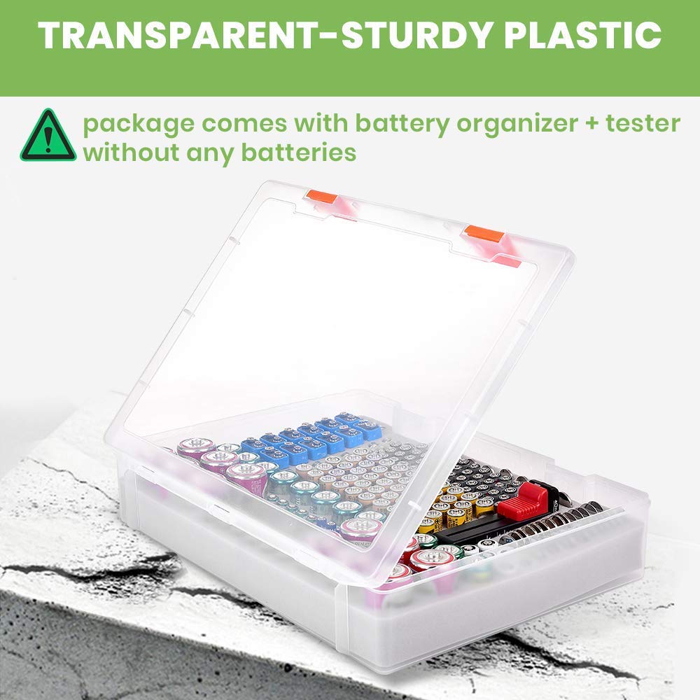 2-Pack Battery Organizer Storage Case with Tester - Holds 225 AA AAA C D 9V Batteries & Button Cells (CR2032, LR44) - Garage & Home Organization for Easy Battery Access & Testing