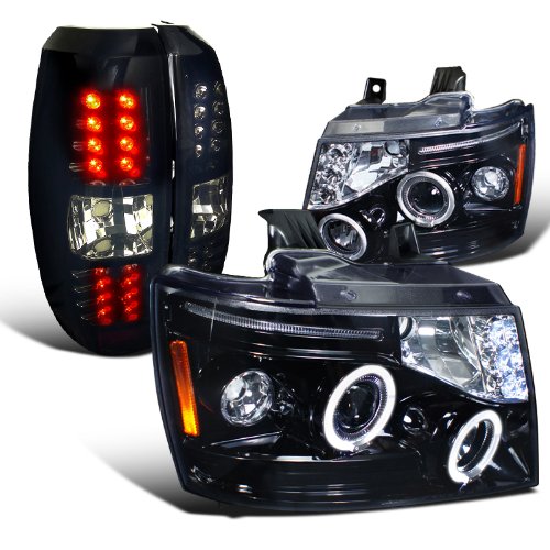 Glossy Black Halo Projector Headlights & Smoked LED Tail Lights for Chevy Avalanche 2007-2013 - Upgrade Your Truck's Style & Night Visibility | Perfect for Off-Roading & Night Driving