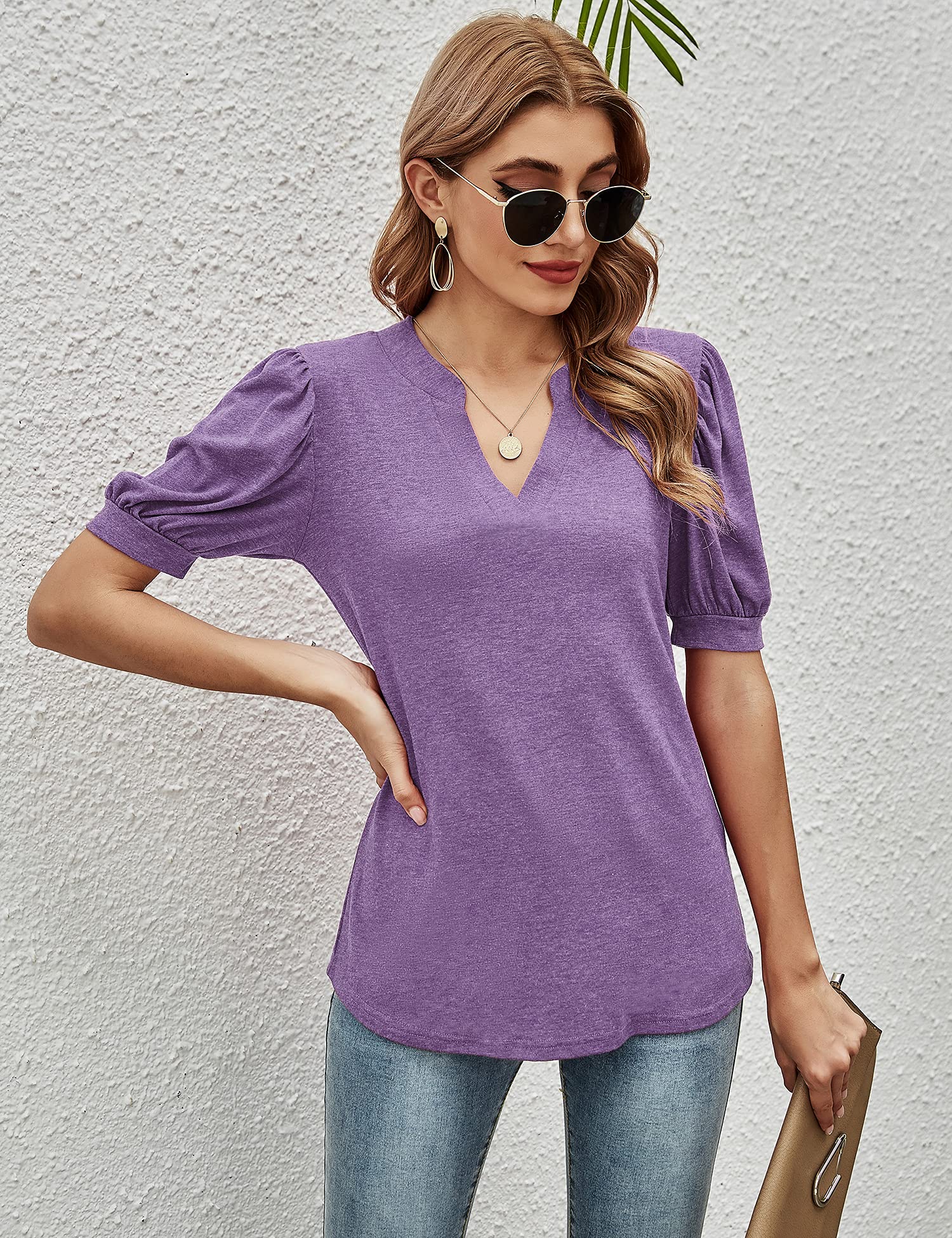 Romanstii Women's Casual V-Neck T-Shirt - Loose Fit Puff Short Sleeve Tunic Top Blouse for Summer Outfits, Beach Wear & Everyday Comfort