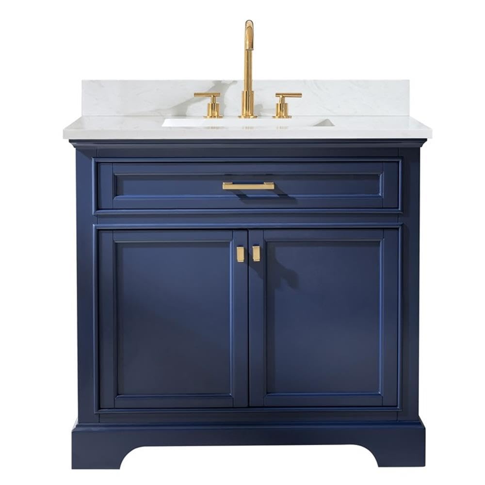Design Element ML-36-BLU Milano 36 Inch Single Sink Blue Bathroom Vanity with Quartz Countertop - Modern Bathroom Furniture for Small Spaces, Powder Rooms & Guest Baths
