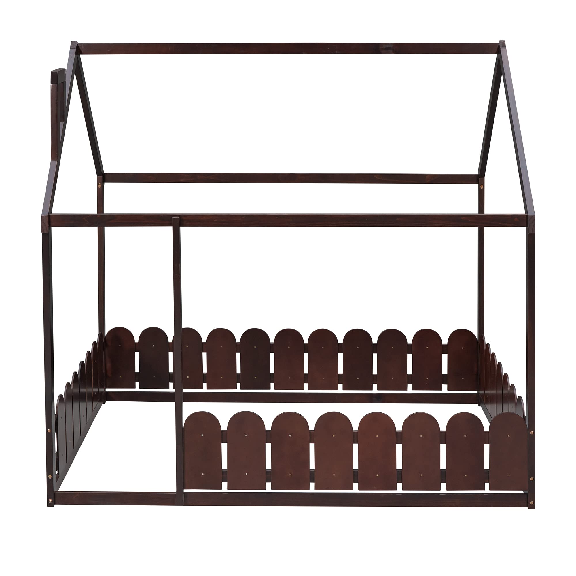 Harper & Bright Designs Full Size House Bed for Kids - Montessori Floor Bed with Fence Guardrails, Solid Wood Toddler Bed Frame for Boys & Girls (Full Size, Espresso) - Perfect for Montessori Bedrooms, Daycare Centers & Safe Toddler Sleep Spaces
