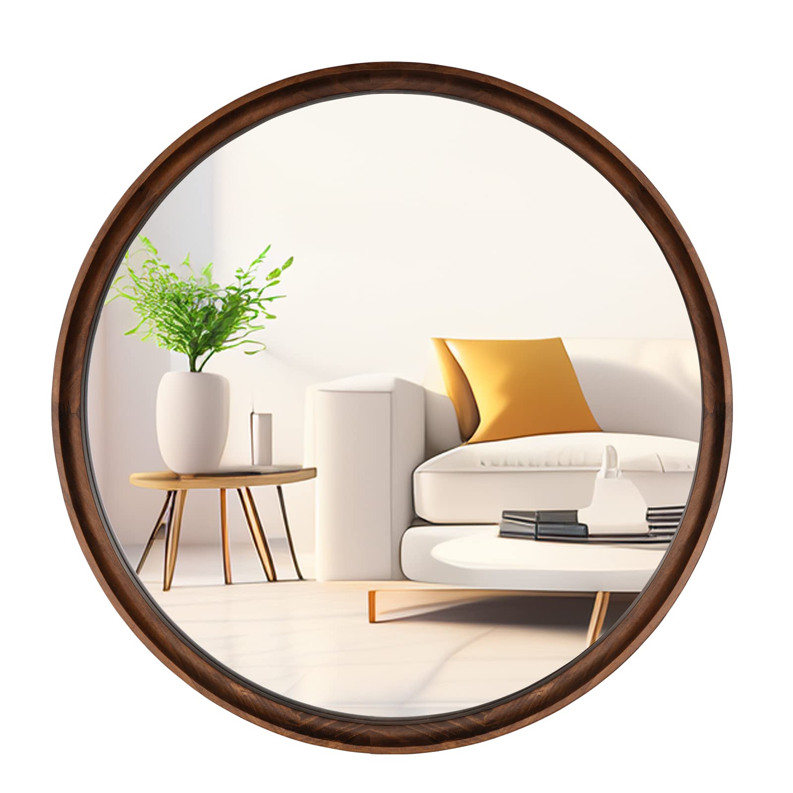 26 Inch Round Wooden Wall Mirror - Handcrafted Solid Wood Bathroom Vanity Mirror for Entryway, Living Room, Bedroom & Home Decor (Natural Brown) | Perfect for Farmhouse, Boho & Modern Interior Design Styles