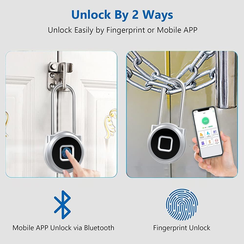 eLinkSmart Fingerprint Padlock - 45MM Shackle, Smartphone & Smartwatch Control, Weatherproof Combination Lock for Gym Lockers, Backpacks, Suitcases & Luggage (Silver) - Secure Your Valuables at Home, Travel & Outdoor Activities