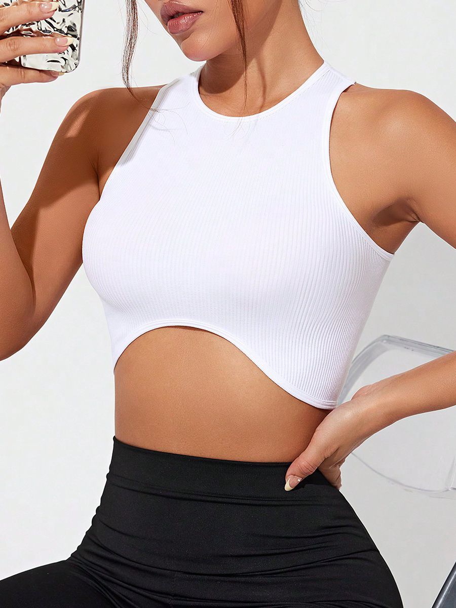 ZASUWA Women's Sexy Round Neck Ribbed Quick Dry Tank Top - Irregular Design for Gym, Yoga & Summer Outfits