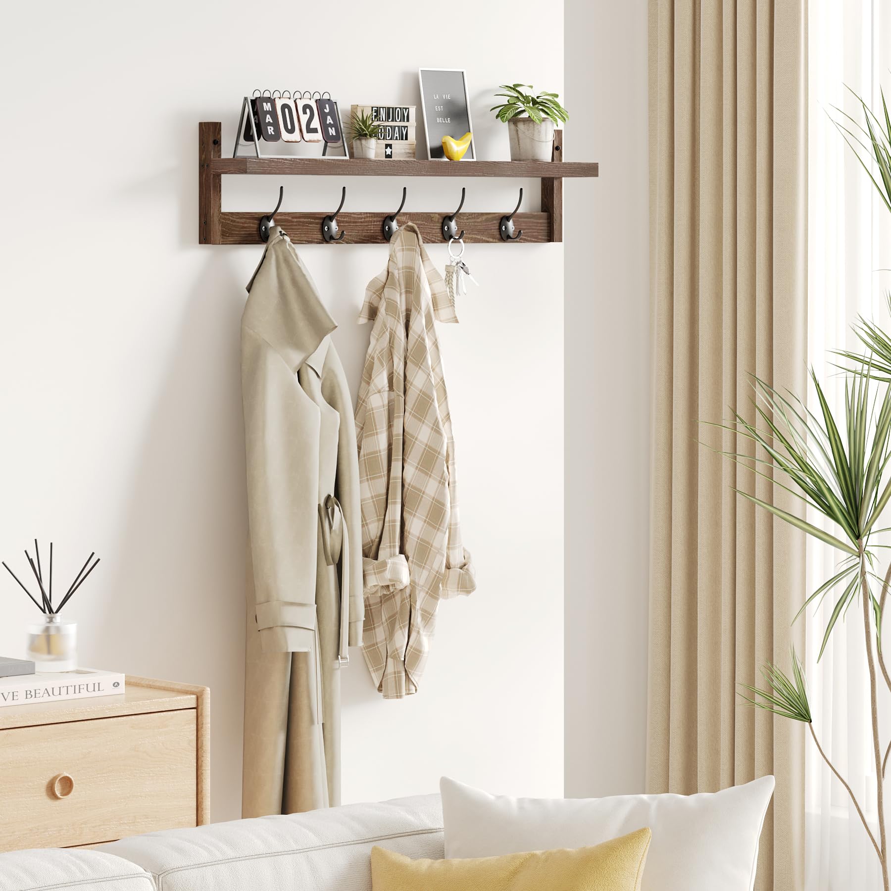 AMBIRD 28.9 Inch Wall Mounted Coat Rack with Shelf - 5 Dual Hooks for Entryway, Bathroom, Living Room & Bedroom - Solid Wood Hanging Organizer for Jackets, Hats, Bags & Towels (Brown) - Perfect for Small Spaces & Home Decor