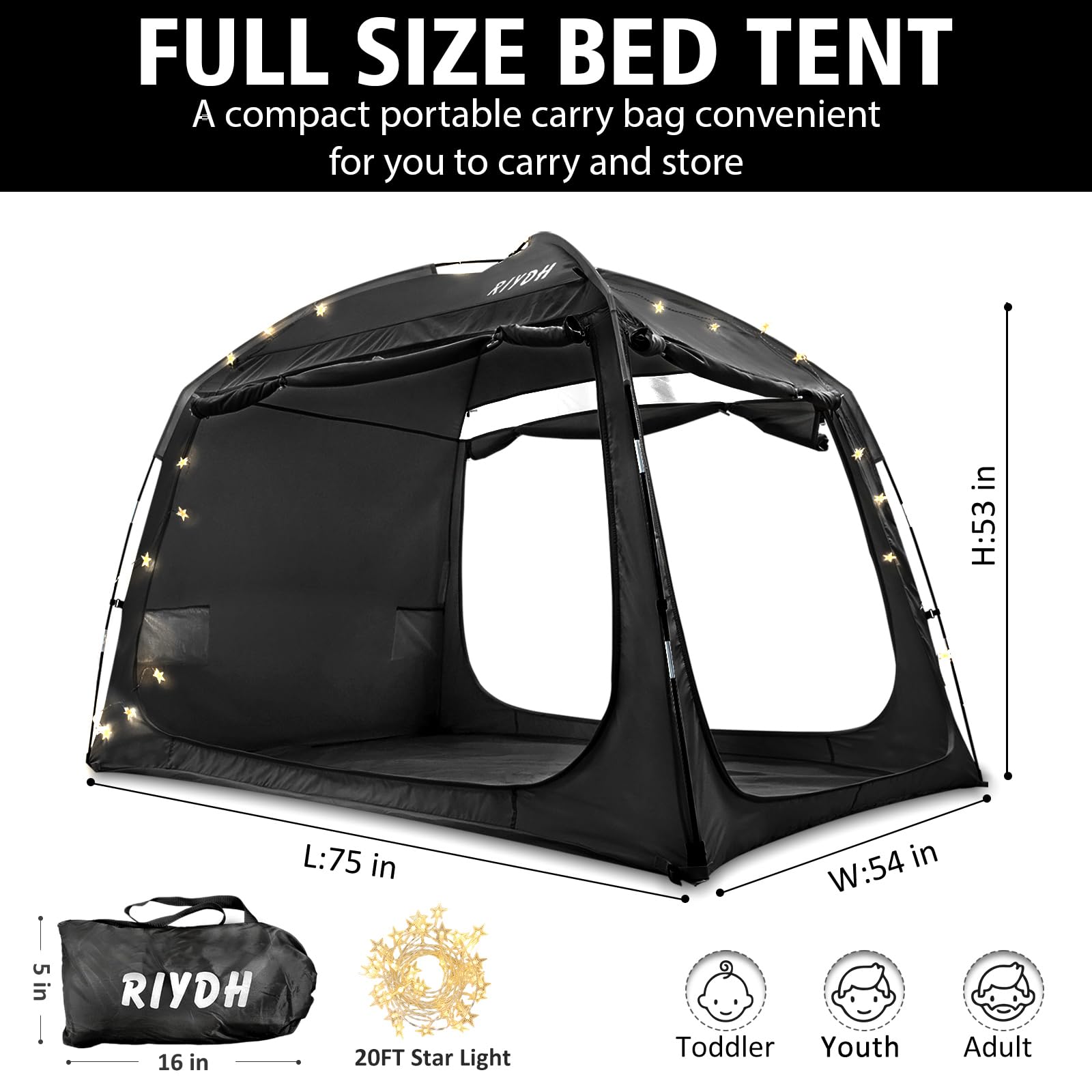 Breathable Bed Tent Canopy for Adults & Kids - 93% Light Reduction, Portable Indoor Sleeping Tent with String Lights, 3 Doors - Twin/Full/Queen/King Size | Perfect for Camping, Bedroom Privacy & Cozy Sleepovers