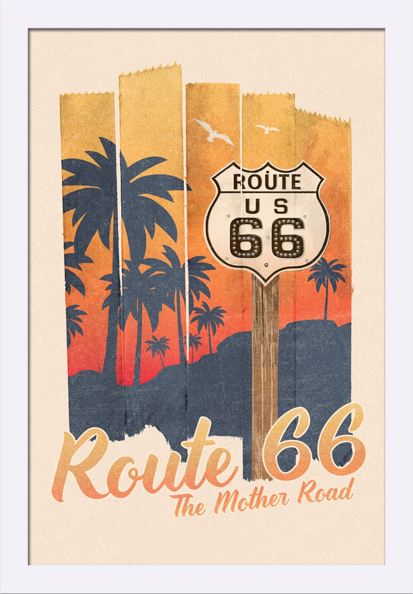 Route 66 The Mother Road Palm Tree Sunset Tape Art - 16x24 Inch Giclee Fine Art Print with Recycled Wood Frame in White - Perfect for Living Room, Bedroom or Office Wall Decor