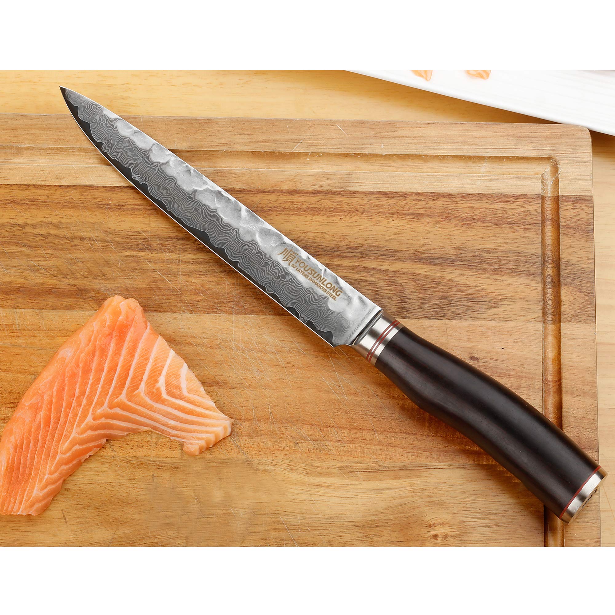 Premium 8 Inch Japanese Damascus Carving Knife - Handcrafted Hammered Steel Blade with Natural Leadwood Handle & Leather Sheath - Perfect for Slicing Meat, Vegetables & Culinary Arts