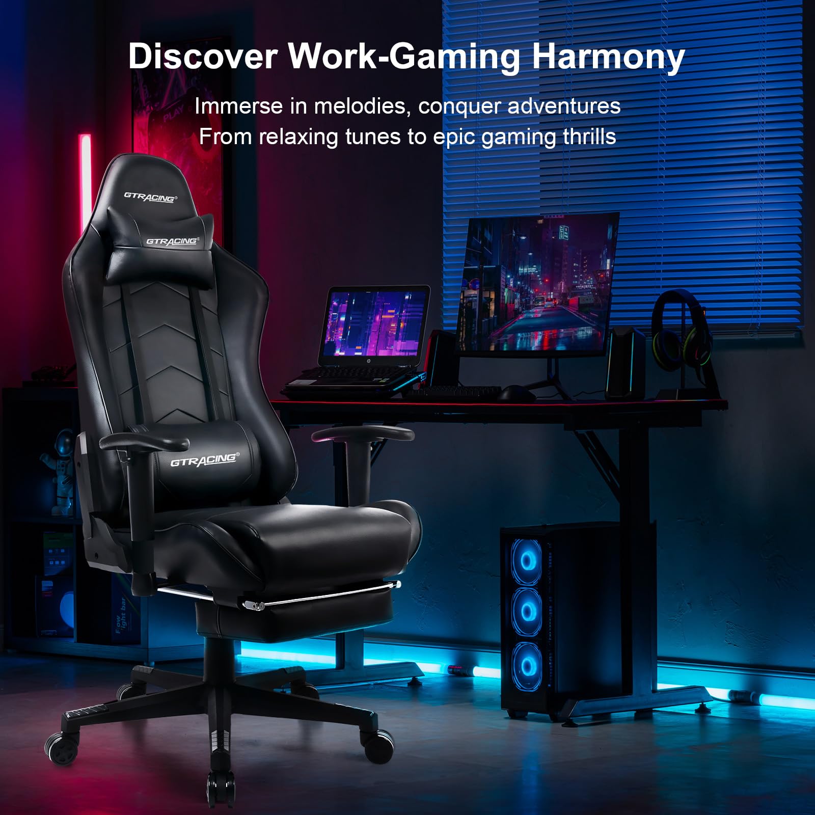 GTRACING Big and Tall Gaming Chair with Footrest - Adjustable Recliner Office Executive Chair with Headrest & Lumbar Support - Heavy Duty Ergonomic Desk Chair for PC Gamers & Home Office (Black) - Perfect for Esports, Streaming & Long Work Sessions