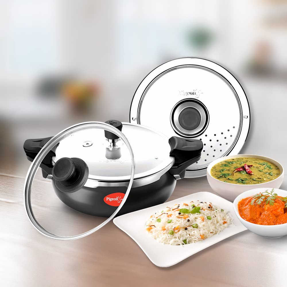 Pigeon 3.2 Quart Multi-Function Pressure Cooker & Steamer - Hard Anodized Dutch Oven for All Cooktops - Fast Cooking Meat, Soup, Rice, Beans, Idli - Perfect for Home Kitchens, Camping & Meal Prep (3 Liters)