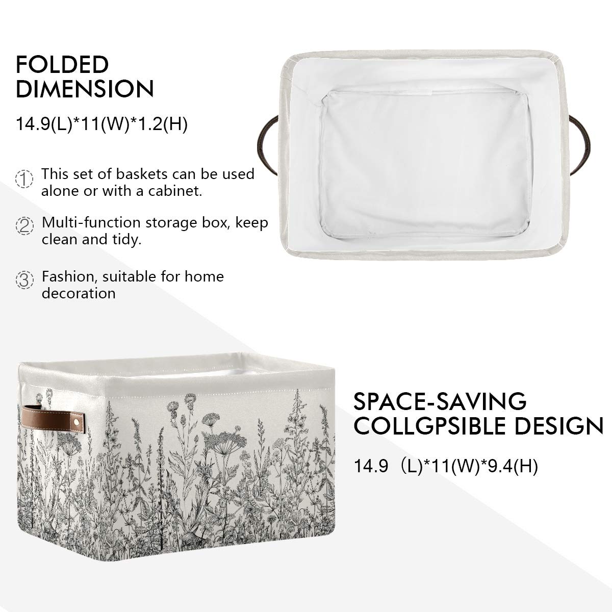 Black White Flower Storage Baskets - Collapsible Fabric Bin for Home Decor & Organizing