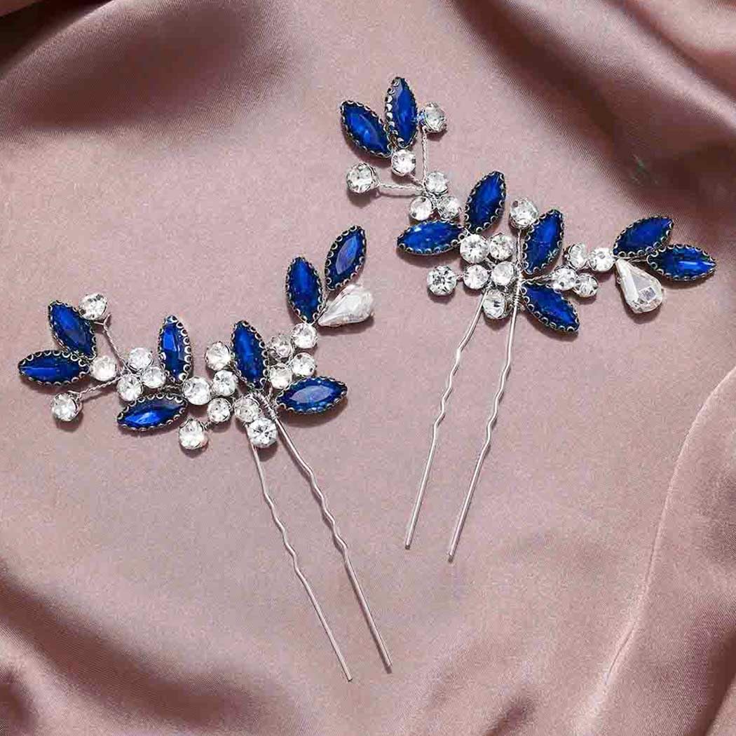 Casdre Crystal Bridal Hair Pins - Rhinestone Wedding Hair Accessories for Women & Girls (Pack of 2, Blue) | Perfect for Bridal Parties, Prom, and Formal Events