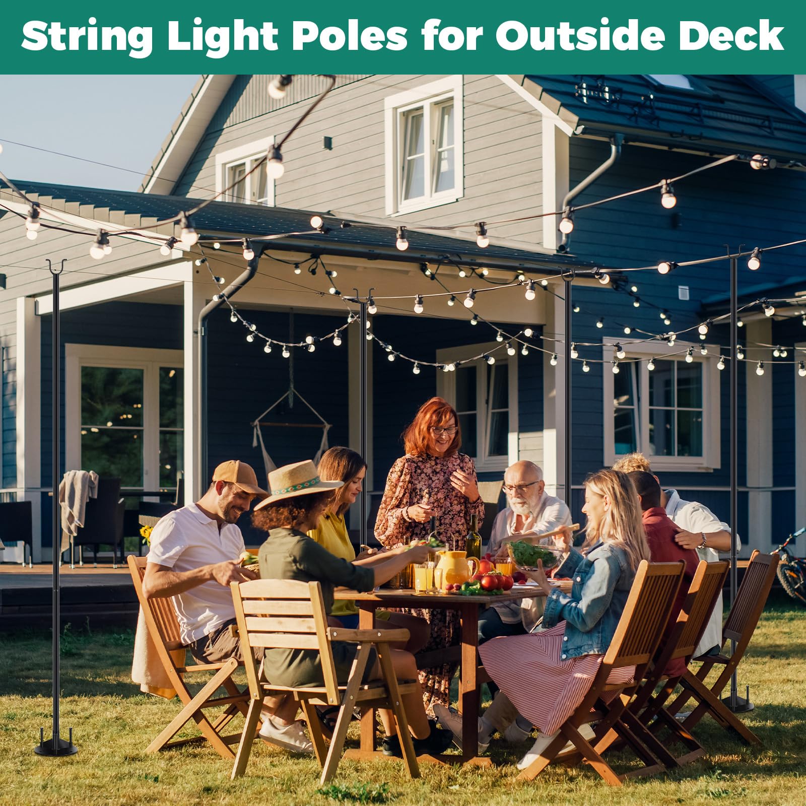 11ft 4-in-1 Outdoor String Light Poles Stand - 6 Pack Black Metal Hanging Lights Holder for Patio, Garden, Bistro, Wedding & Party Decor - Perfect for Backyard, Deck and Outdoor Entertaining