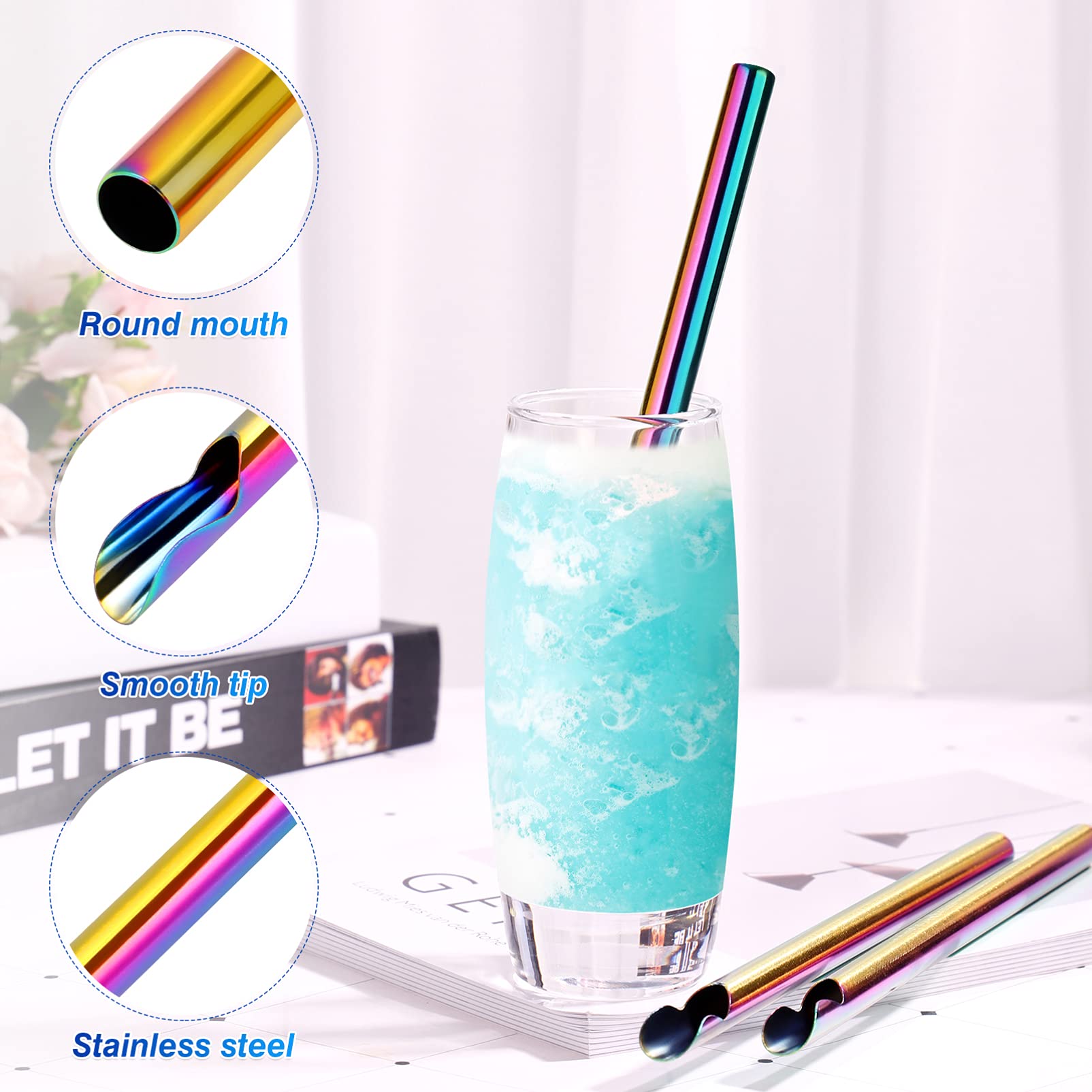 Reusable 304 Stainless Steel Metal Straws - 4 Pack Colorful Coffee Stirrers & Smoothie Straws | Eco-Friendly Drinking Straws for Iced Coffee, Bubble Tea, Cocktails & Home/Office Use
