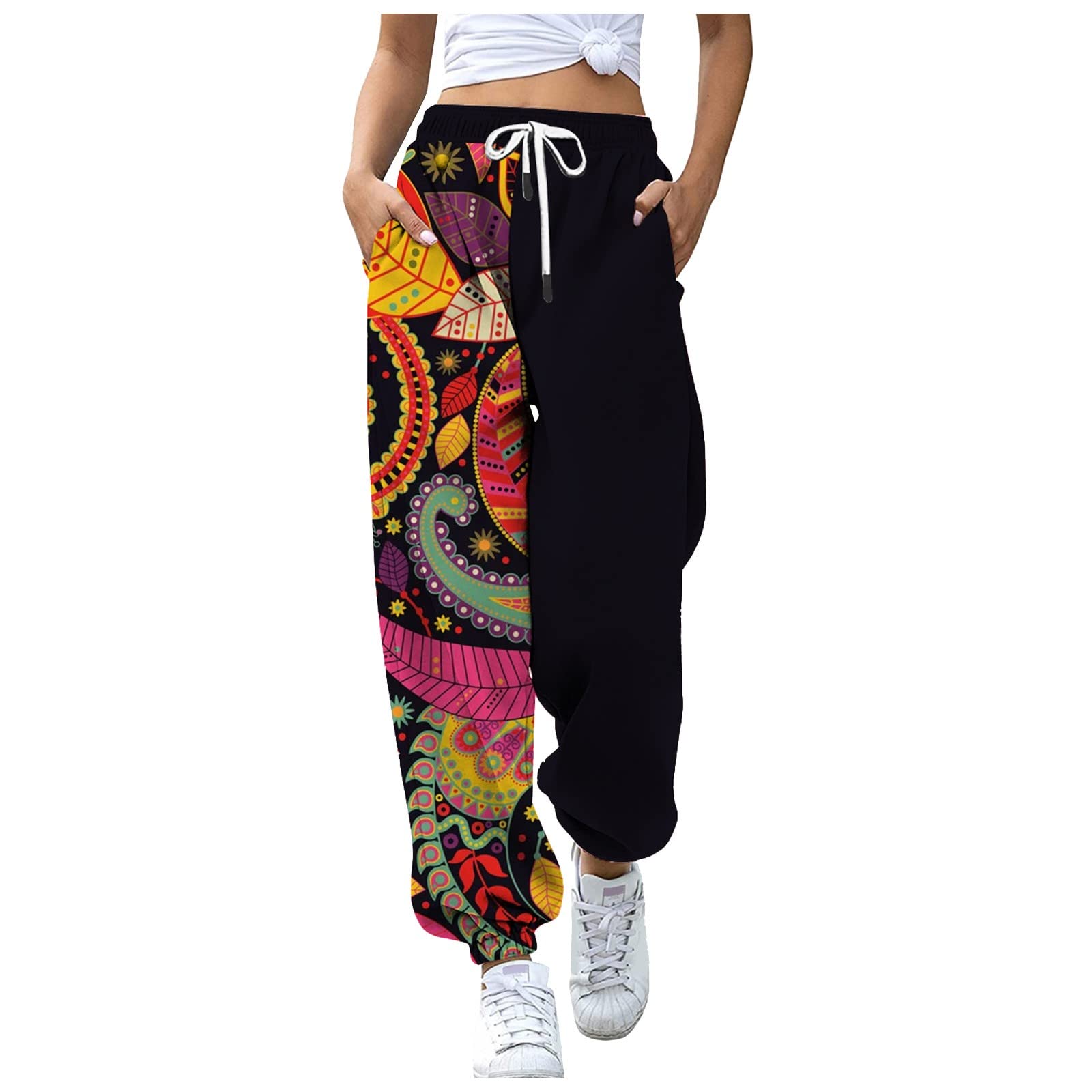 Women's Summer Printed Pencil Pants - Stretch Elastic Waist Fashion Trousers for Office, Work & Casual Outfits
