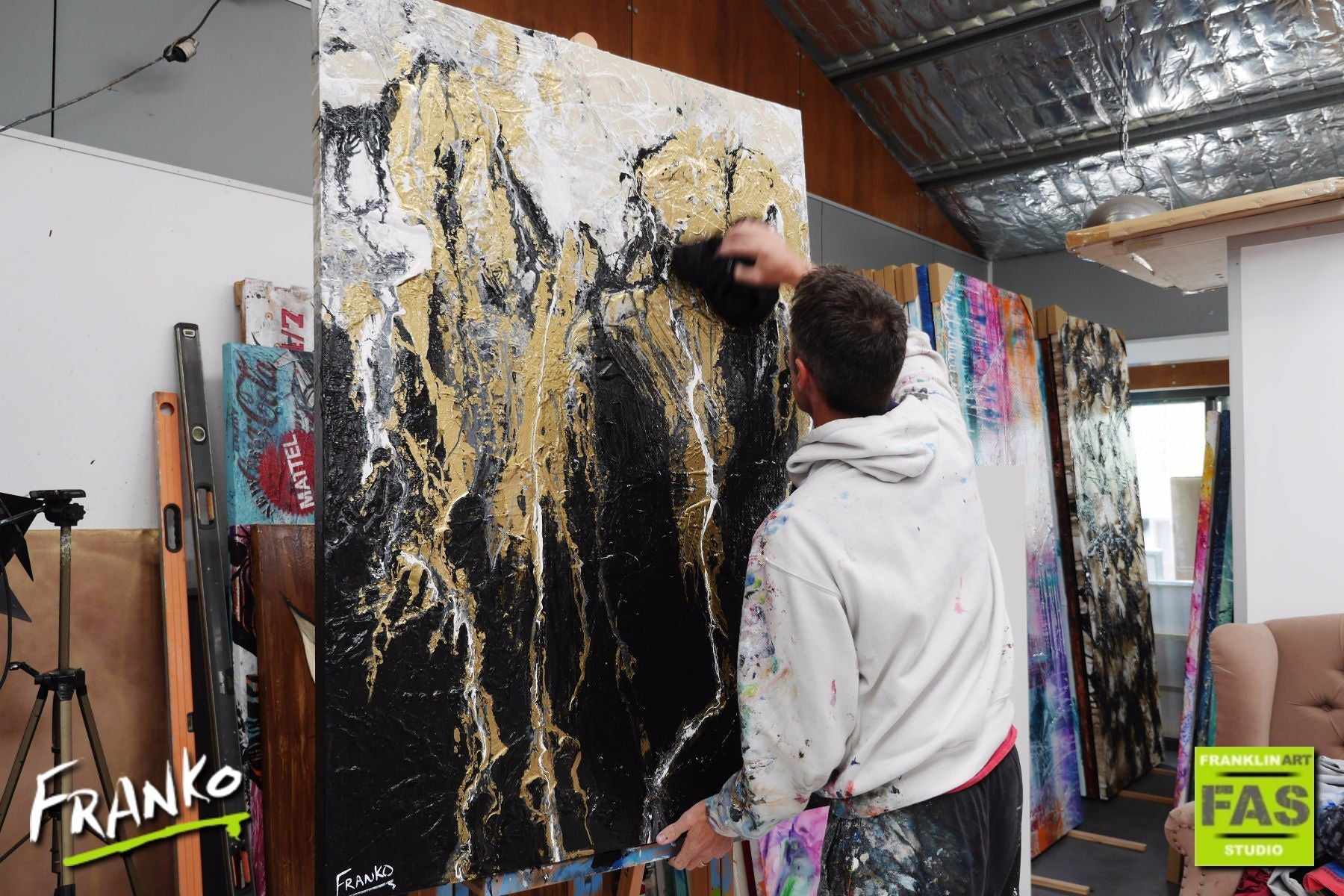 140cm x 100cm Black and Gold Abstract Painting with Metallic Veins - Modern Wall Art for Living Room, Bedroom & Office Decor