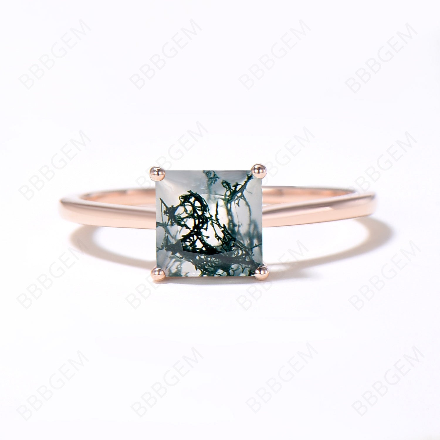 Princess Cut Green Moss Agate Engagement Ring - 4 Prong Solitaire Natural Aquatic Agate Bridal Ring for Women | Minimalist Wedding Jewelry, Anniversary Gift, Proposal Ring for Her
