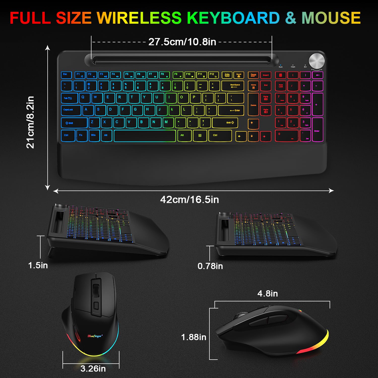 BlueFinger Wireless Keyboard Mouse Combo - Backlit, Rechargeable, Ergonomic for Gaming & Office Use