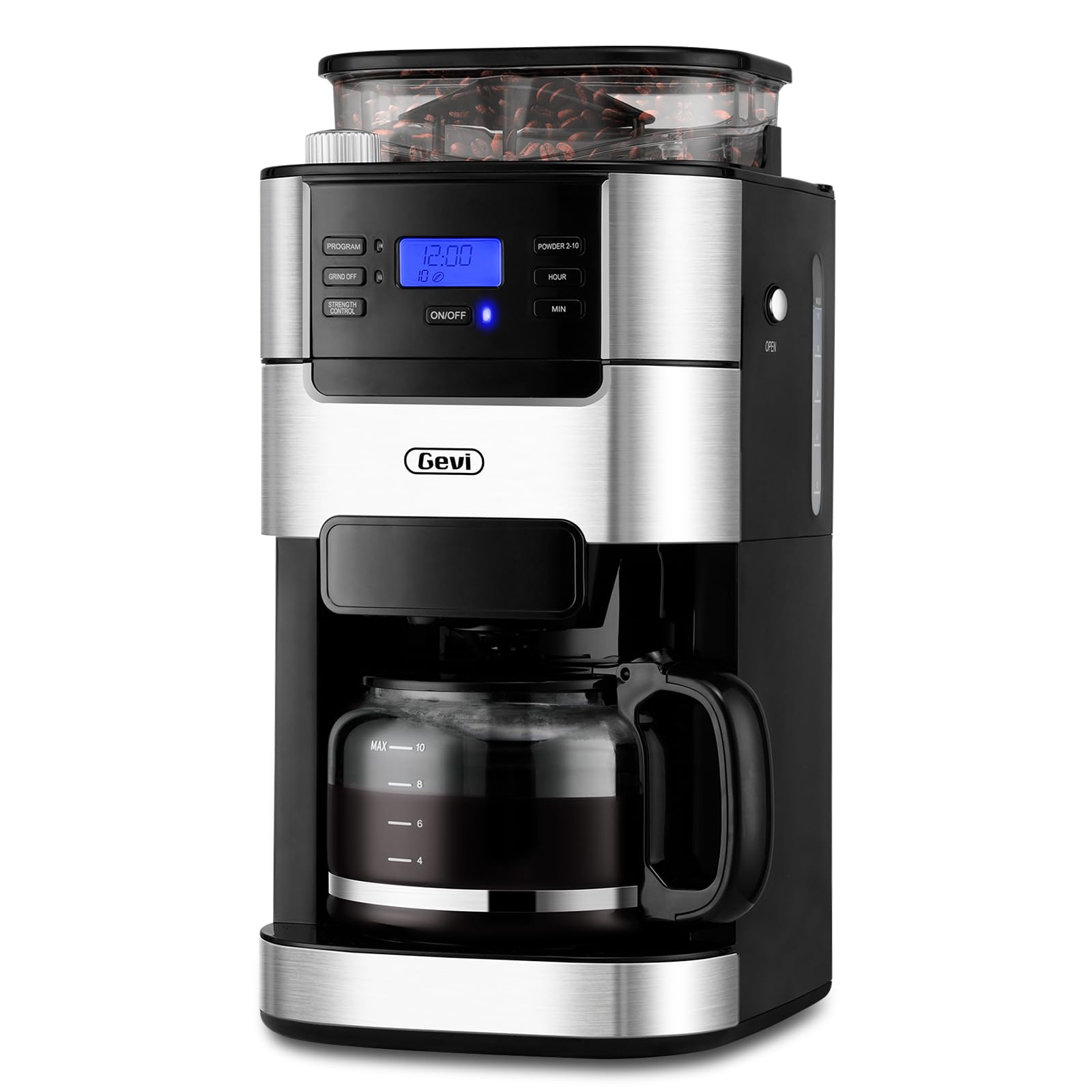 Gevi 10-Cup Programmable Drip Coffee Maker with Built-in Burr Grinder, 1.5L Water Tank & Reusable Filter - Automatic Brew Timer, Glass Carafe & Warming Plate - Perfect for Home, Office & Breakfast Use