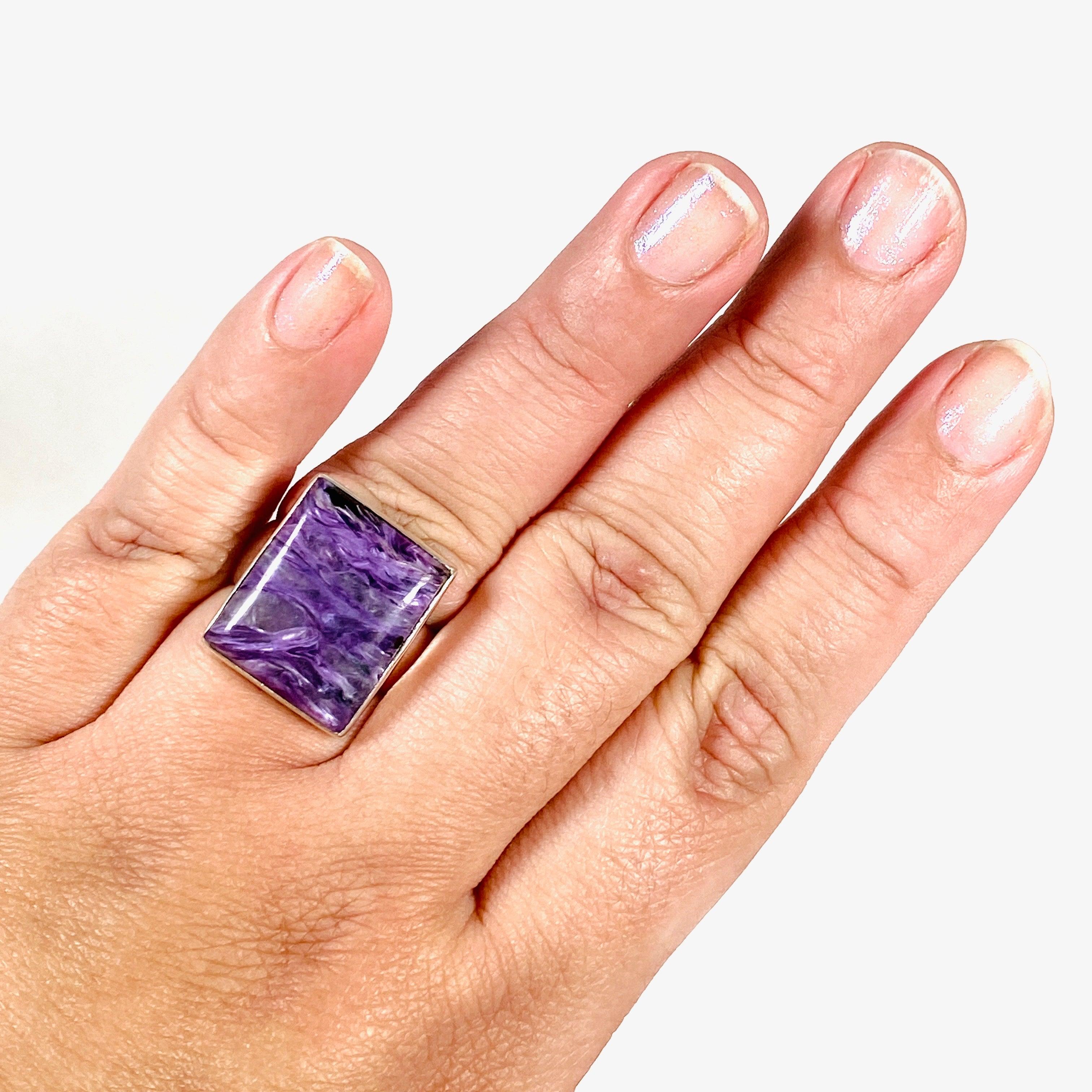 Charoite Silver Rectangular Ring for Women - Size 11 - KRGJ3046 - Elegant Purple Gemstone Jewelry for Everyday Wear & Special Occasions