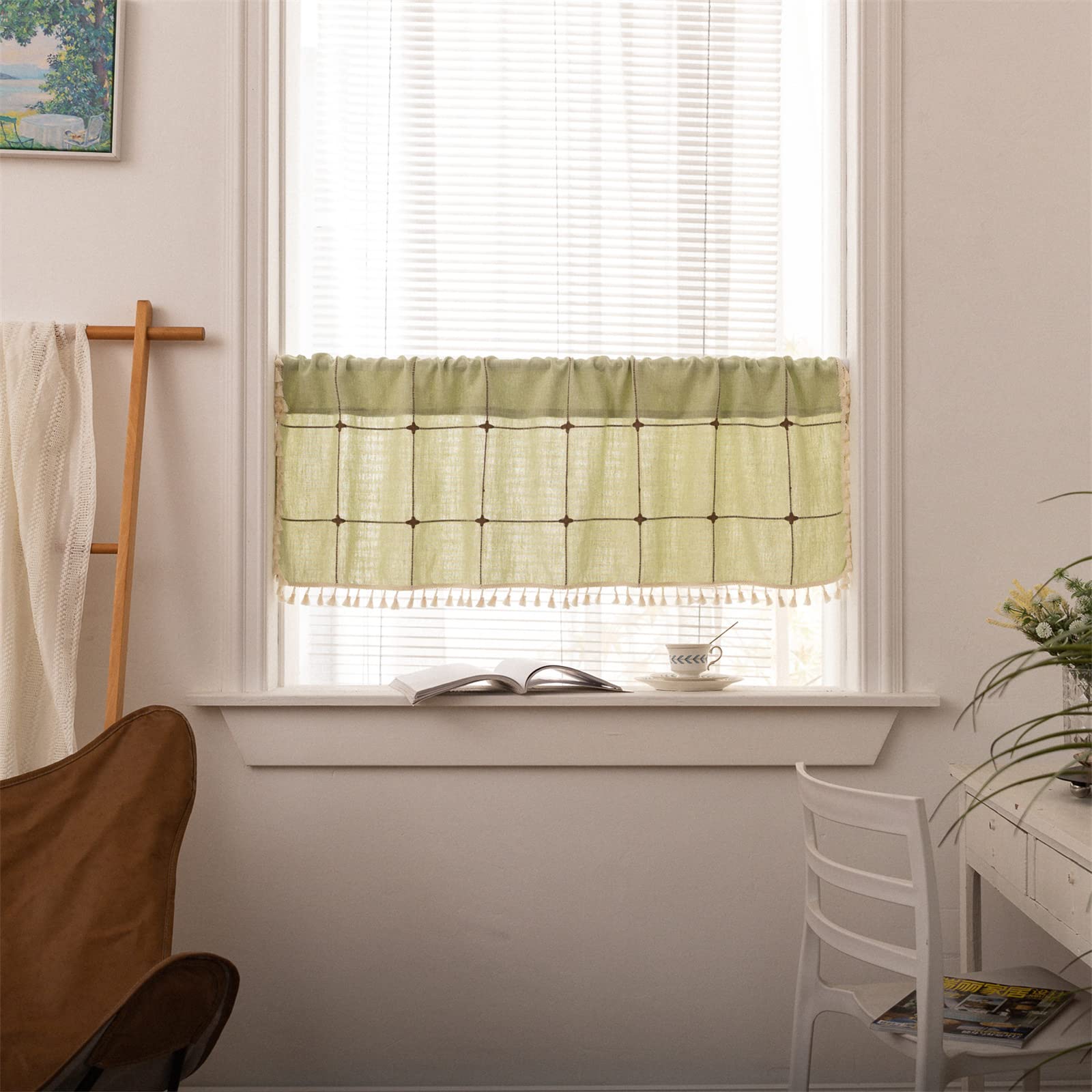 GKLLXC Solid Color Cotton Linen Curtains - Plaid Half Kitchen Curtains, Semi-Sheer Window Treatments, No-Sew Decorative Partition Drapes with Japanese Embroidery | Perfect for Windows, Doors, Cafe & Home Decor