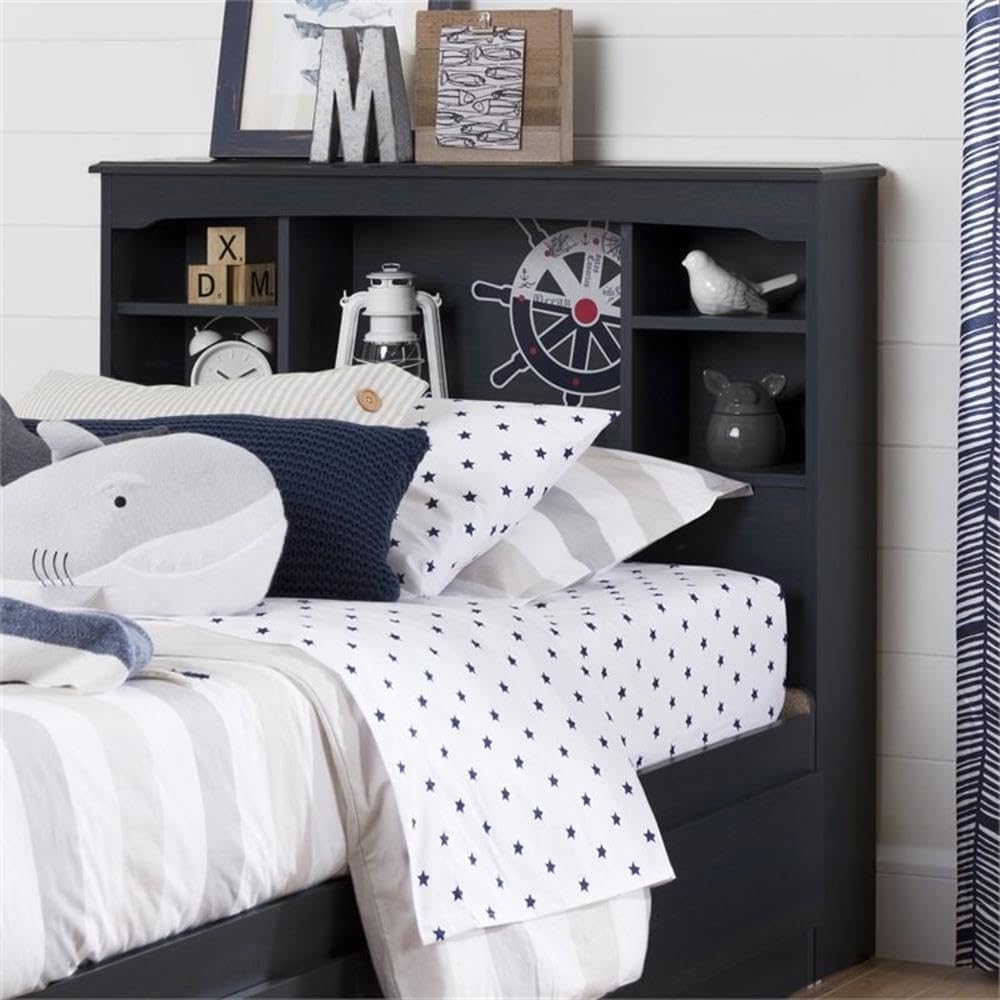 Modern Wood Storage Headboard with 5 Open Shelves - Twin Size, Navy Blue - Perfect for Bedroom Organization & Small Space Living