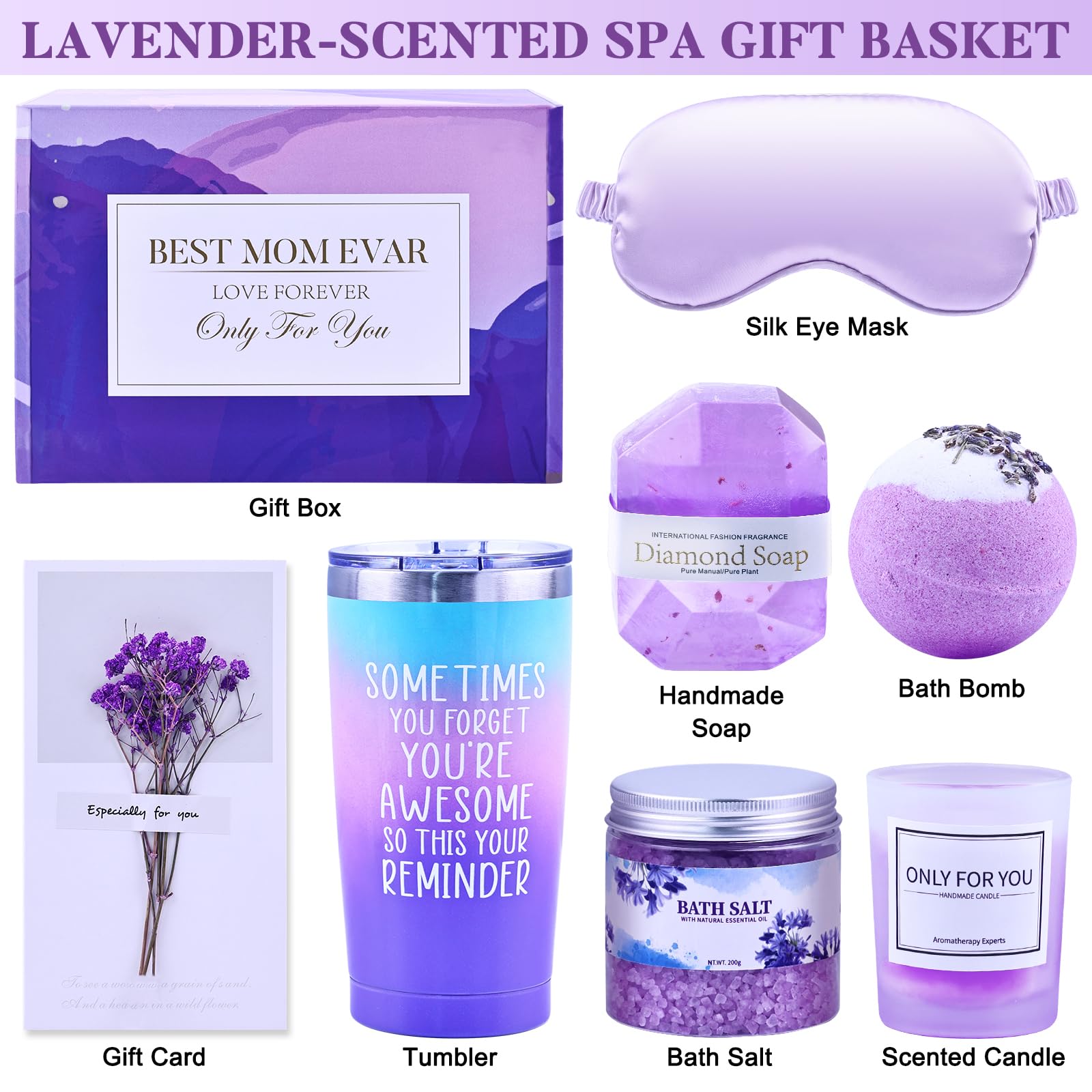 Lavender Spa Gift Basket for Mom - Relaxing Birthday, Mother's Day & Get Well Soon Present for Women with 20oz Tumbler | Perfect for Self-Care, Home Spa & Stress Relief