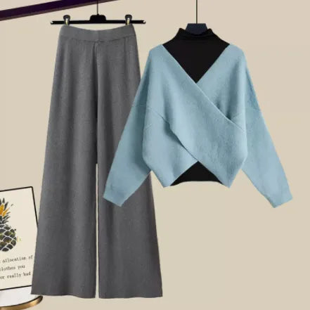 Women's Fall Winter Warm Knit Three Piece Set - Elegant V Neck Sweater, Basic Top & Wide Leg Knitted Pants Outfit for Office Ladies | Cozy Workwear & Casual Winter Fashion