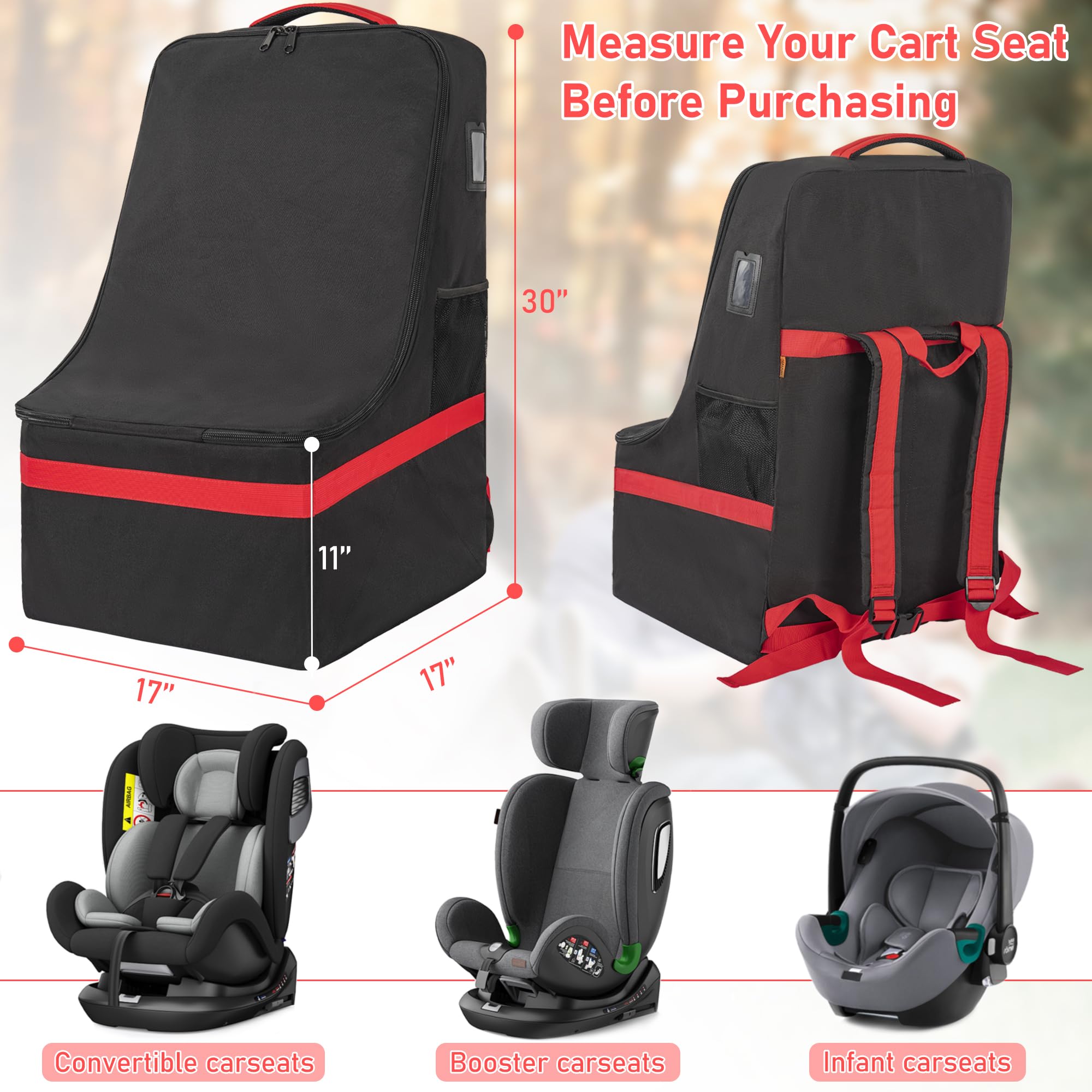 Heavy Duty Car Seat Travel Bag for Airplane Gate Check - Black & Red Car Seat Backpack with Adjustable Shoulder Strap | Perfect for Air Travel, Road Trips & Baby Gear Storage