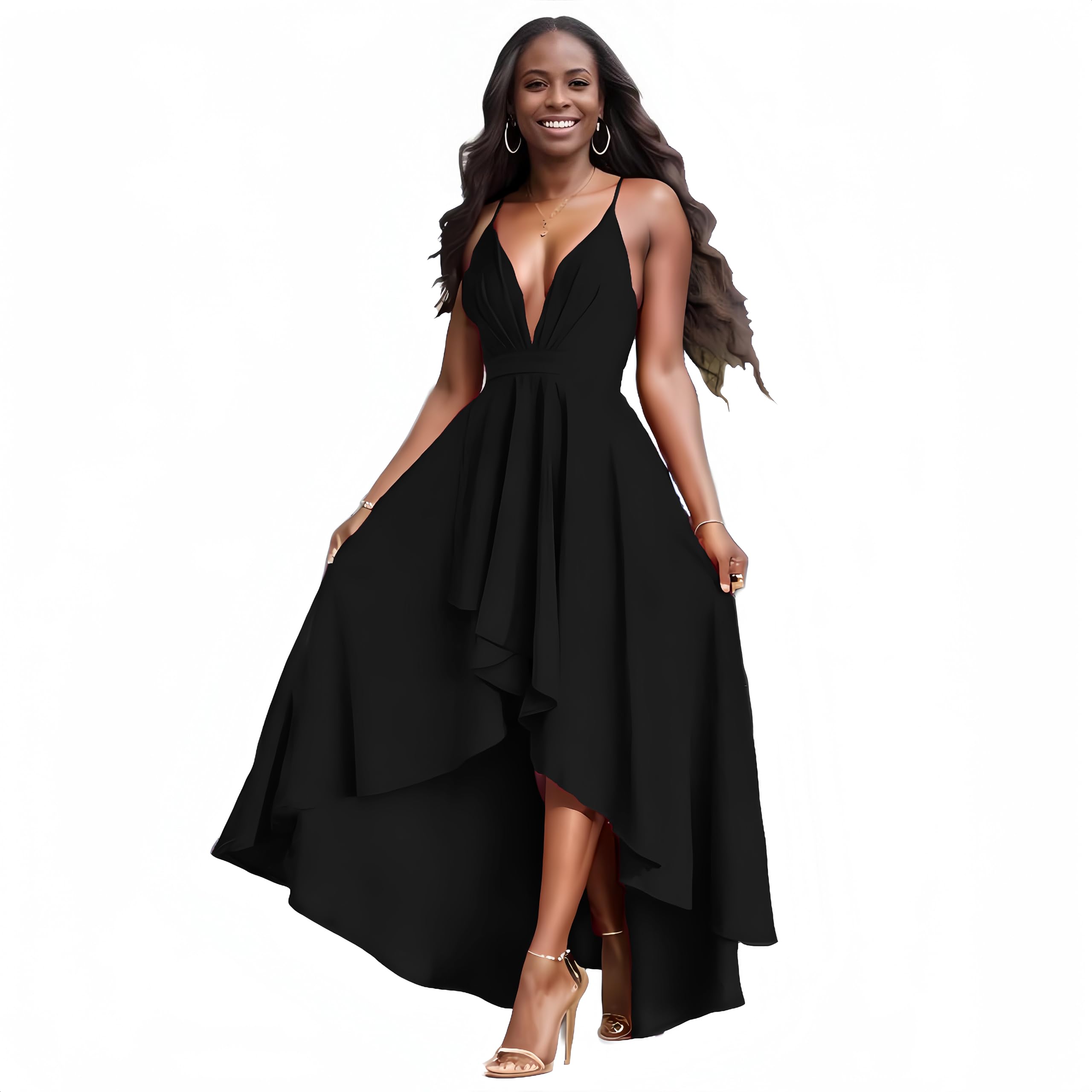 Elegant Women's Deep V-Neck Sleeveless A-Line High-Low Evening Gown - Formal Cocktail Party Dress for Weddings, Galas & Special Occasions