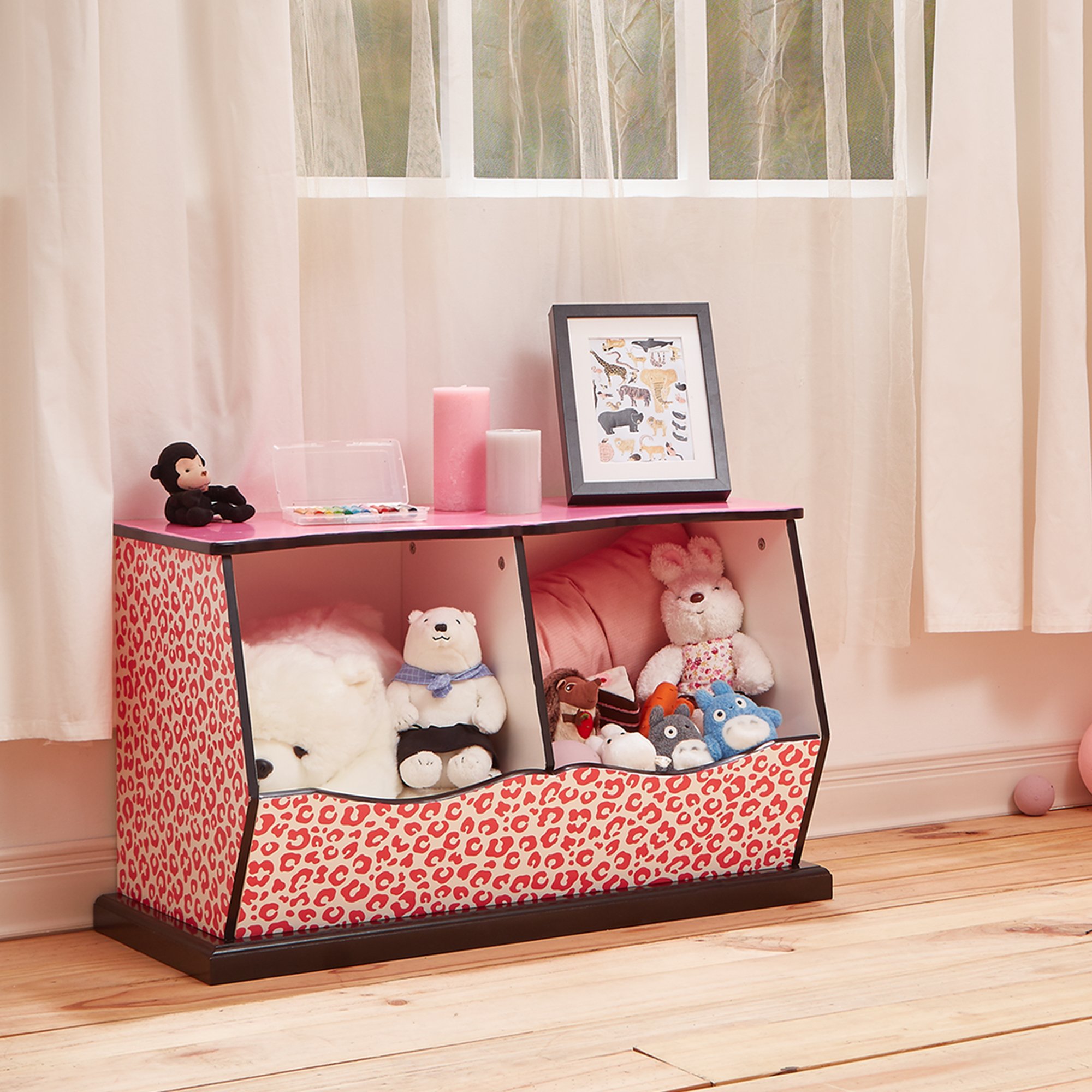 Teamson Kids Leopard Print 2-Bin Storage Organizer - Stylish Toy & Book Storage for Kids' Room, Nursery, or Playroom