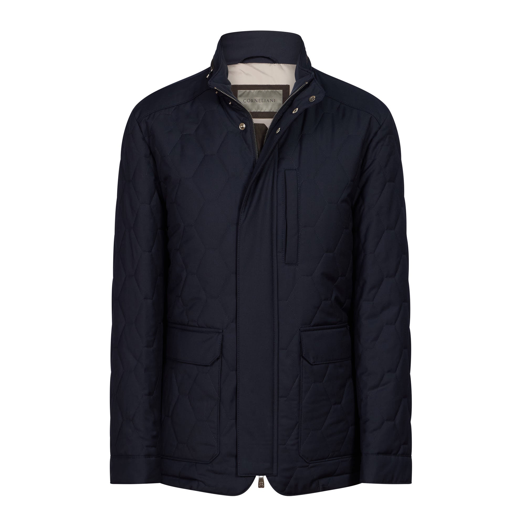 Corneliani Men's Navy Blue Padded Caban Coat - Water-Resistant Winter Jacket for Outdoor Activities & Casual Wear