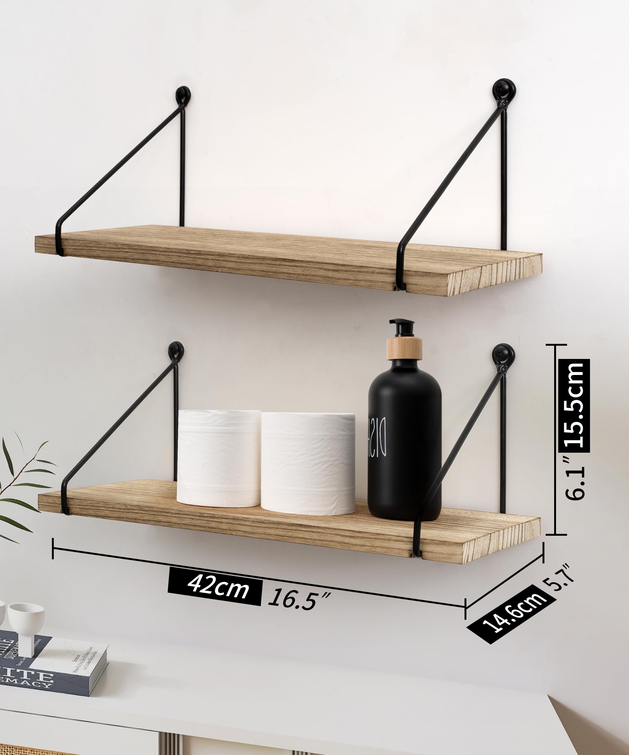 Rustic Floating Shelves for Wall - Set of 2 Wooden Storage Shelves with Metal Brackets - Perfect for Bathroom, Kitchen, Bedroom, Living Room & Office Decor - Farmhouse Style Home Accessories for Organizing & Displaying Items