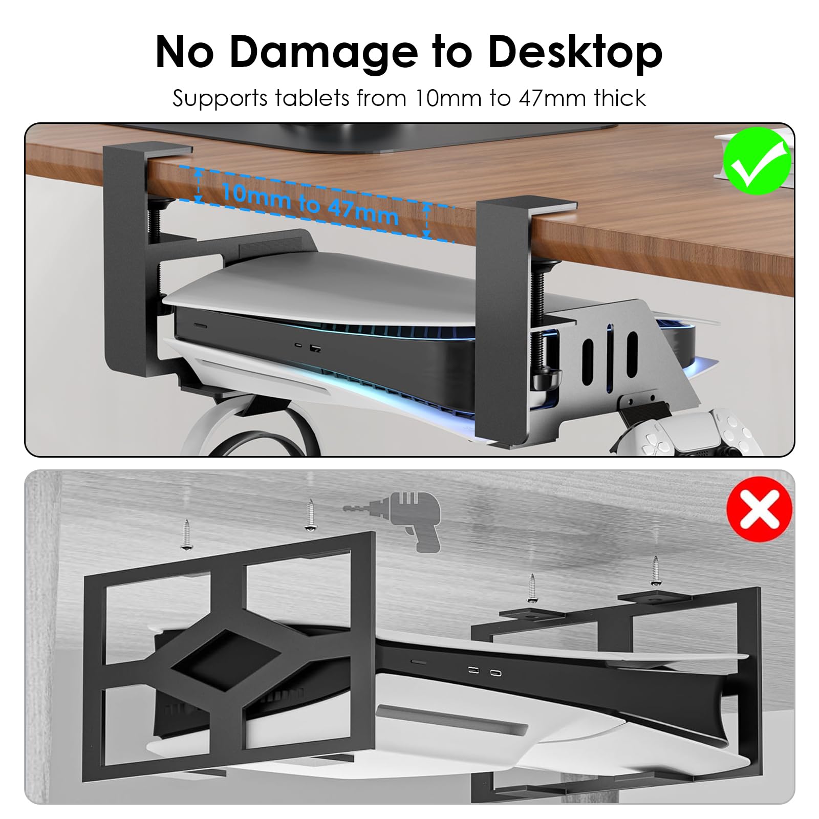 Non-Drill Under Desk Mount for PS5 & PS5 Slim - Heavy Duty Metal Gaming Console Holder with Hooks for PS5 Disc/Digital Edition - Perfect for Home Office, Gaming Room & Space-Saving Setup