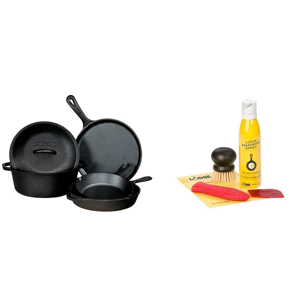 Lodge Pre-Seasoned Cast Iron Cookware 5-Piece Set with Care Kit – Perfect for Grilling, Baking & Camping | Durable & Non-Stick Skillet, Dutch Oven & More