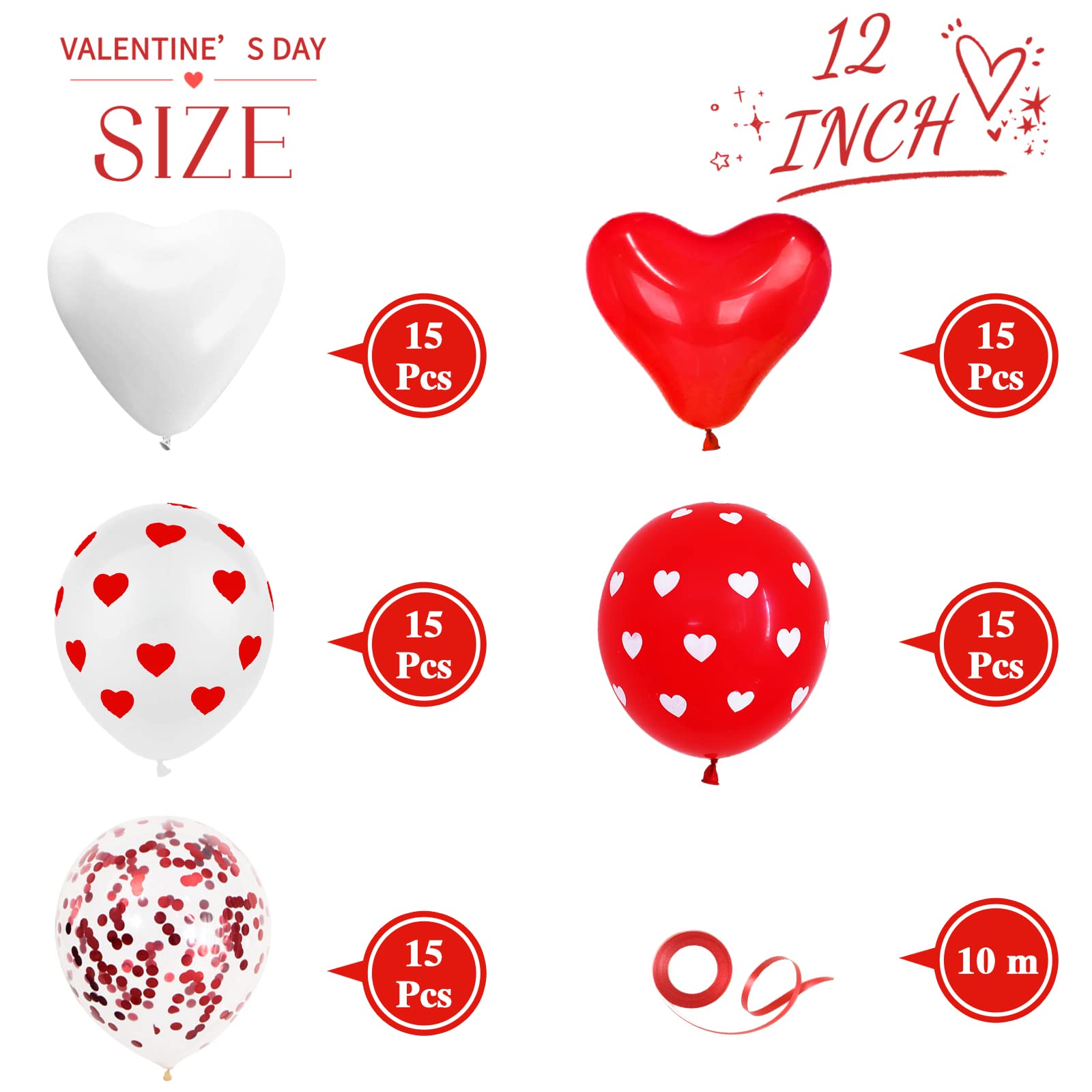 75 PCS Valentine's Day Heart Balloons Decorations Kit - 12 Inch Red & White Confetti Latex Balloons for Romantic Party Decor, Anniversary, Wedding, Birthday & Special Night Celebrations