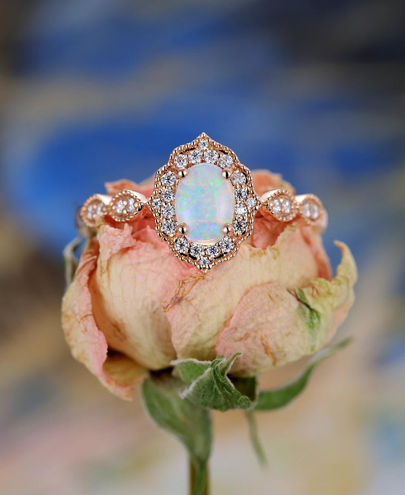 Vintage Floral Oval Cut Opal Engagement Ring with Halo Rose Gold Marquise 1/4 Diamond Band - Perfect for Wedding, Proposal & Anniversary Gifts