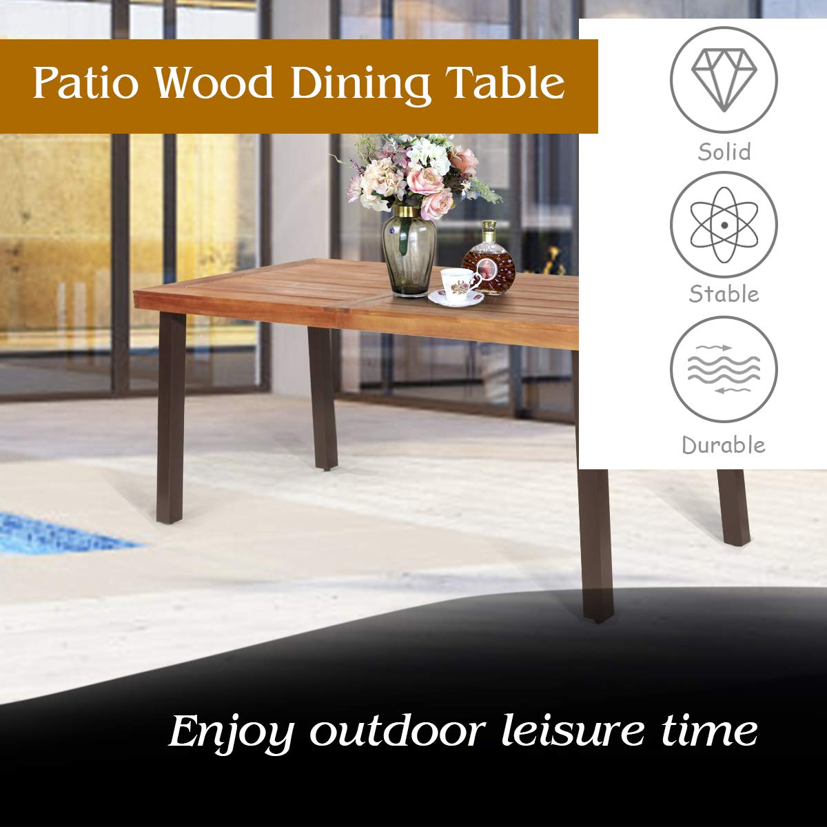 **Giantex Outdoor Patio Dining Table with Umbrella Hole - Acacia Wood Rectangular Picnic Table for Backyard, Garden, Lawn, Farmhouse - Rustic Brown Metal Legs - Perfect for BBQs, Parties & Outdoor Dining**