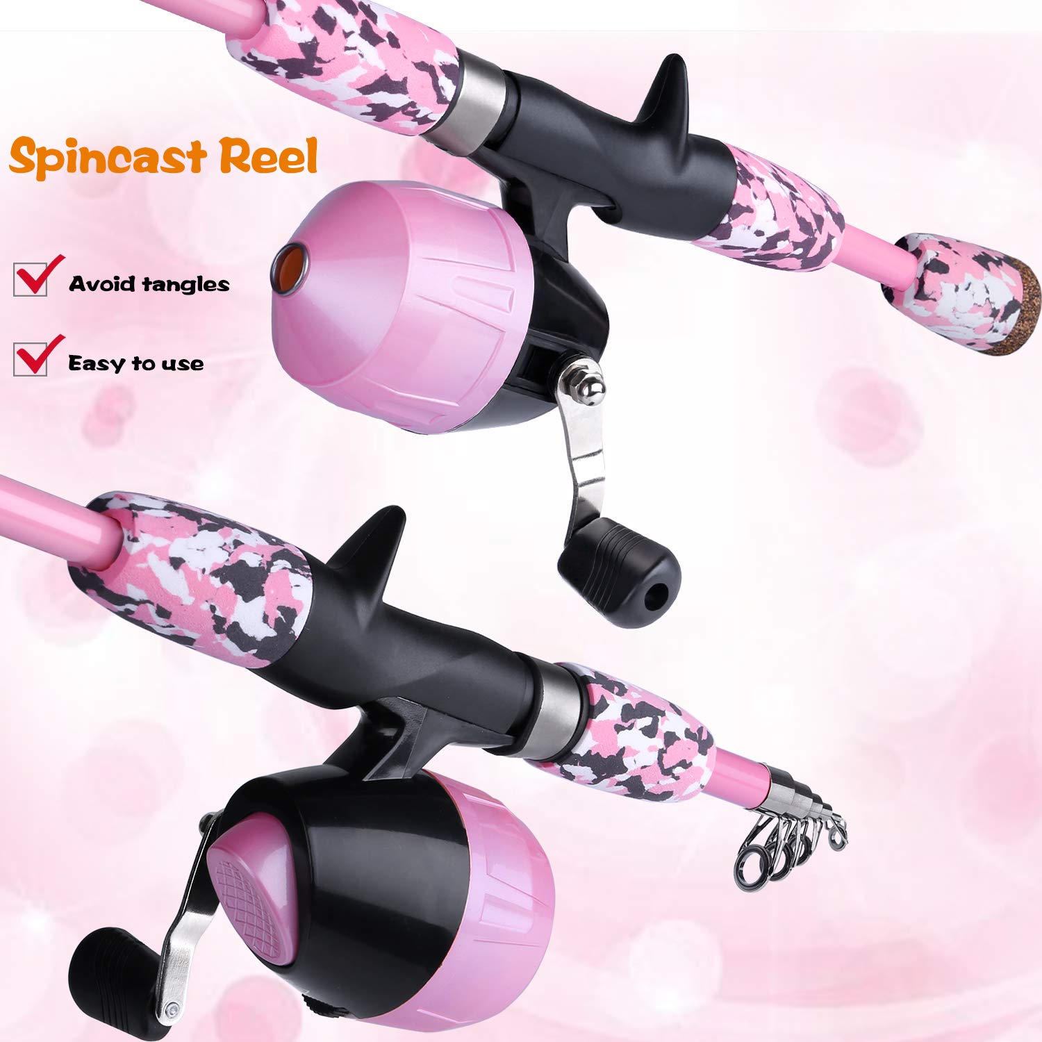ODDSPRO Pink Kids Fishing Pole - Telescopic Fishing Rod & Reel Combo Kit with Tackle Box for Girls & Youth | Portable Outdoor Fishing Gear for Beginners, Camping, Beach & Backyard Fun