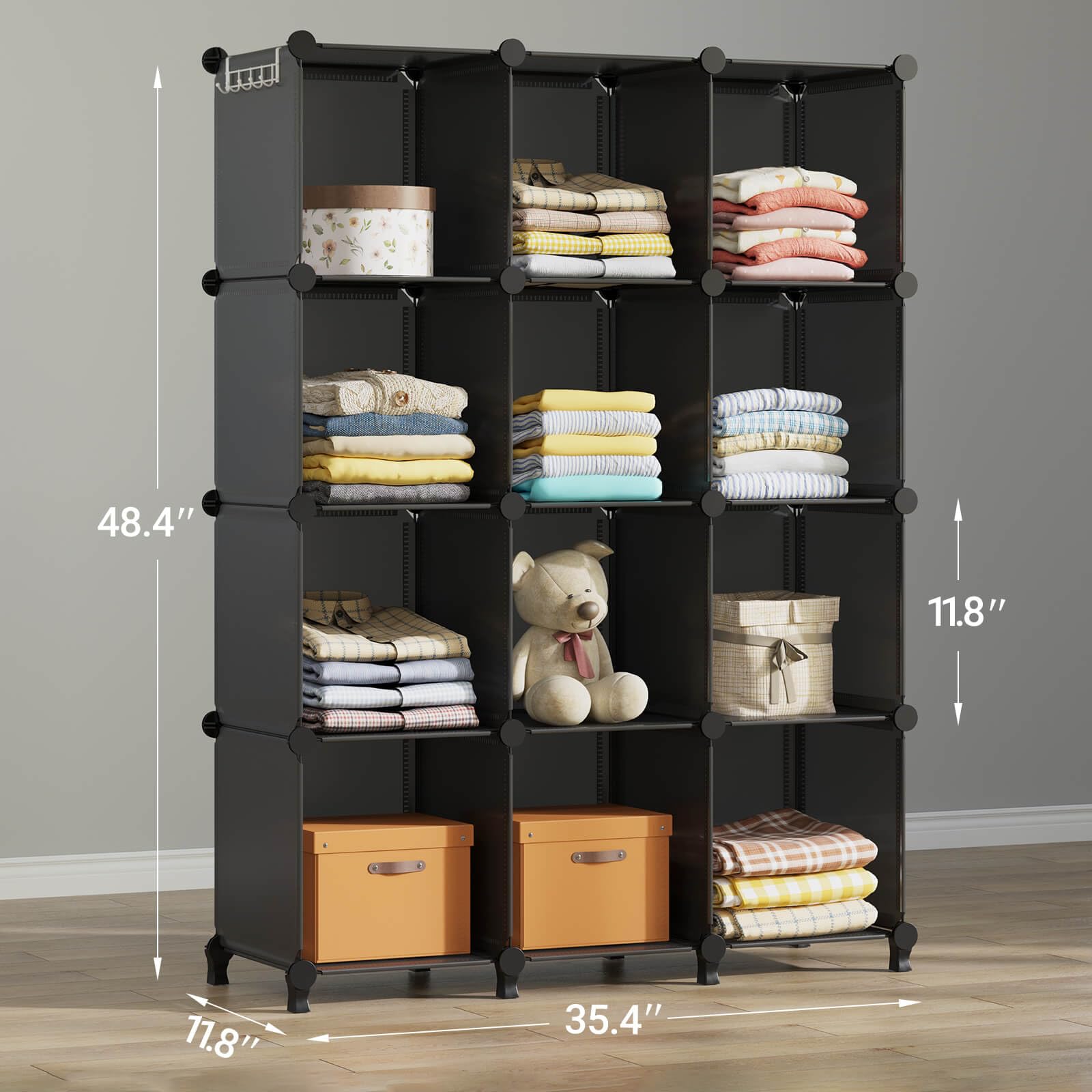 GREENSTELL 12-Cube Closet Organizer & Storage Shelf - 11.8x11.8x11.8 Inch Portable Clothing Storage for Kids, Bedroom, Office - Black | Space-Saving Wardrobe Solution for Small Rooms & Apartments