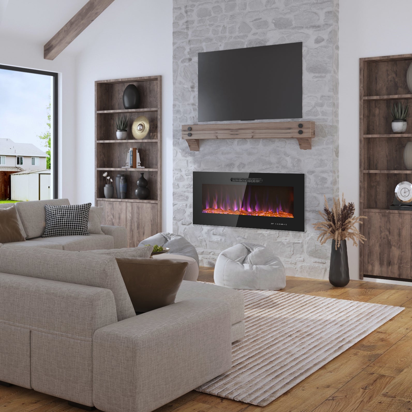 36 Inch LED Slim Electric Fireplace Insert - Wall Mounted Fireplace with 1500W Heater, Adjustable Realistic Flame, Remote Control (Log & Crystal Ember Options) - Perfect for Living Room, Bedroom & Office Heating & Decor