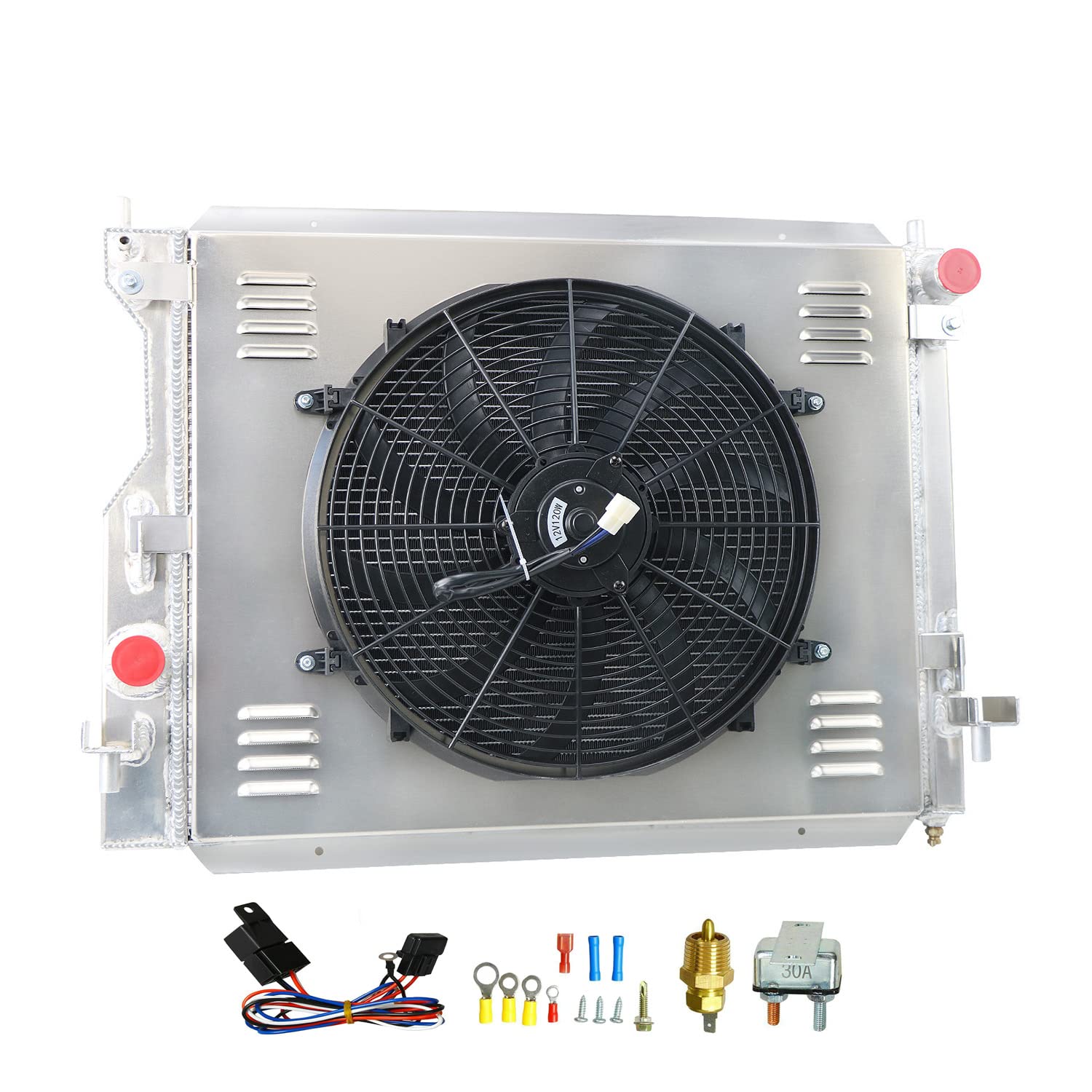 High-Performance Aluminum Radiator for 2005-2014 Ford Mustang 3.7L 4.0L 4.6L 5.0L V6 V8 - 3 Row Cooling System with Fan Shroud & Relay Kit - Perfect for Racing, Off-Road & Daily Driving