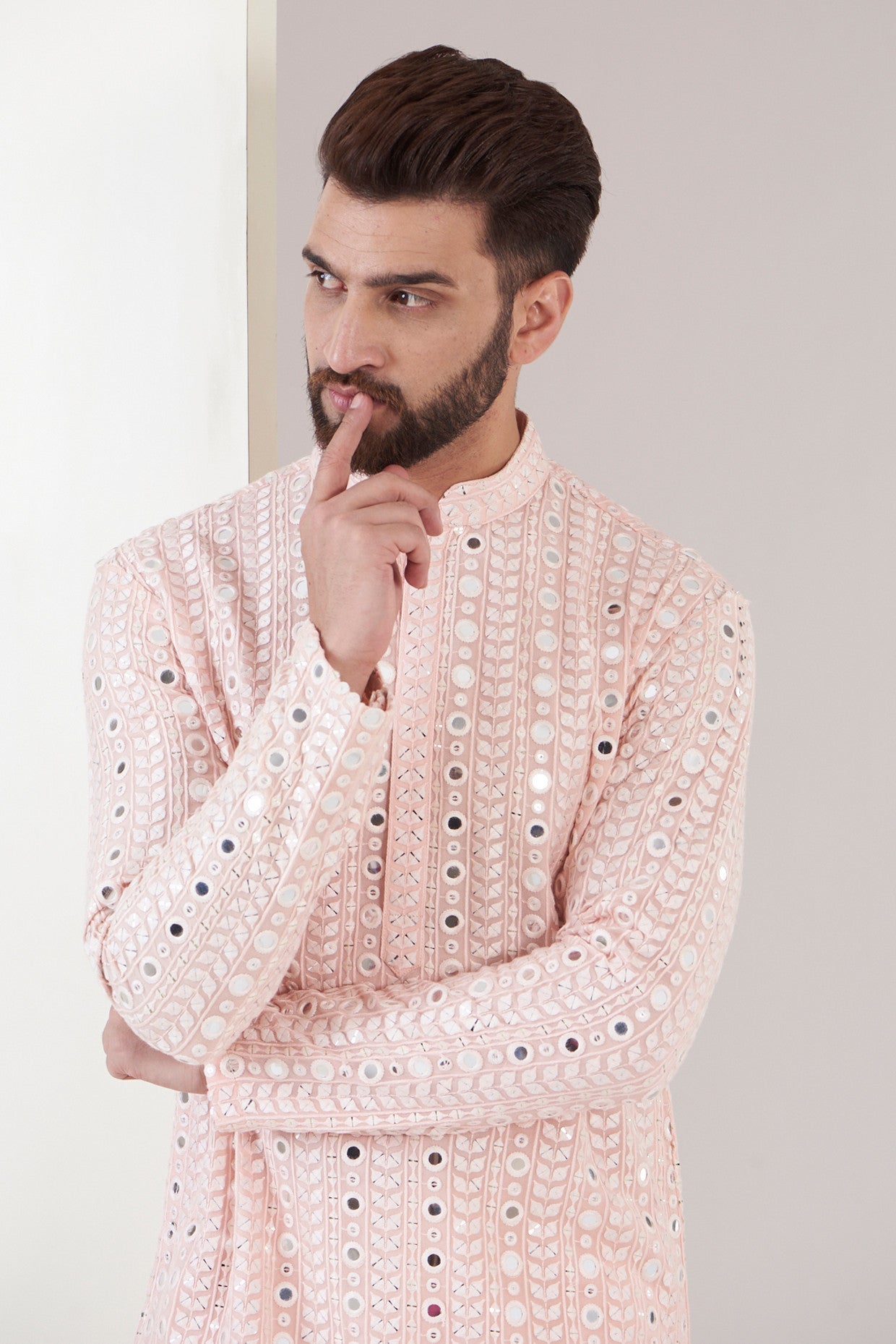 Elegant Powder Pink Mirror Work Kurta for Women | Traditional Embroidered Indian Tunic Top | Perfect for Festivals, Weddings & Casual Wear