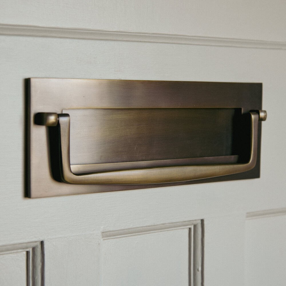 Antique Brass Marlborough Letter Plate with Clapper - Elegant Mail Slot for Front Door - Perfect for Traditional & Victorian Style Homes