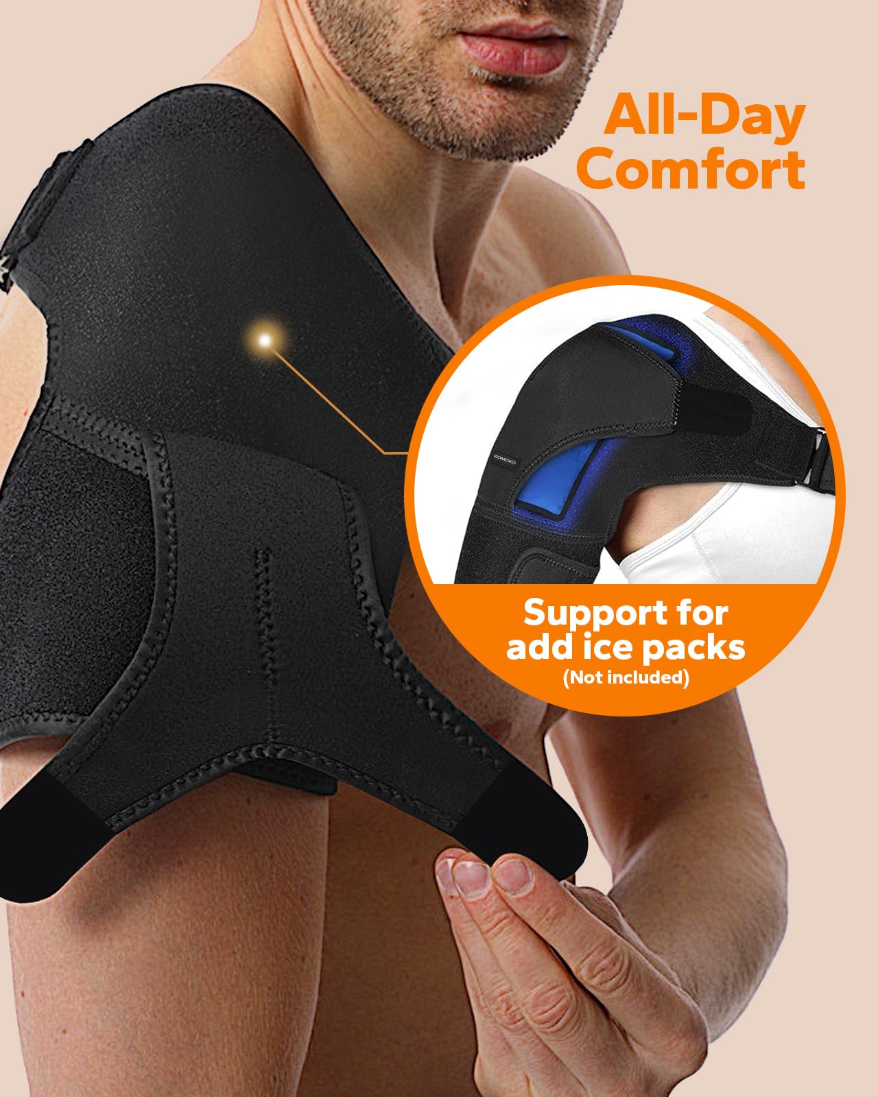 Komoko Shoulder Brace - Adjustable Rotator Cuff Support & Arm Sling for Pain Relief - Shoulder Compression Sleeve for Strains & Dislocation Prevention - Fits Left/Right Arm for Men & Women - Ideal for Sports Injuries, Post-Surgery Recovery & Daily Support