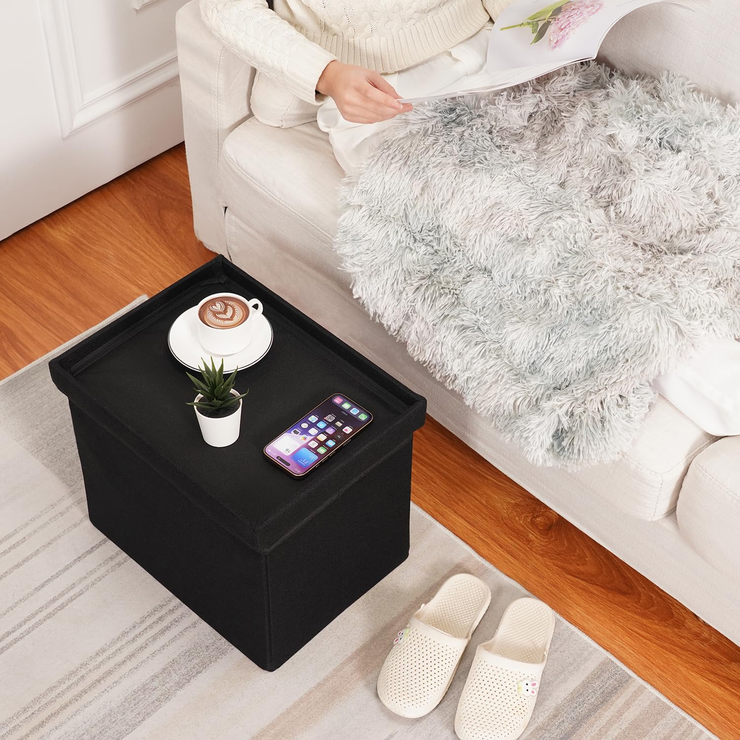 Foldable Storage Ottoman Footrest Stool - 16.4x12.4x12.4 Inches Linen Black, Multi-Functional Foot Rest Bench with Hidden Storage for Living Room, Bedroom & Office | Perfect for Extra Seating, Foot Support & Home Organization
