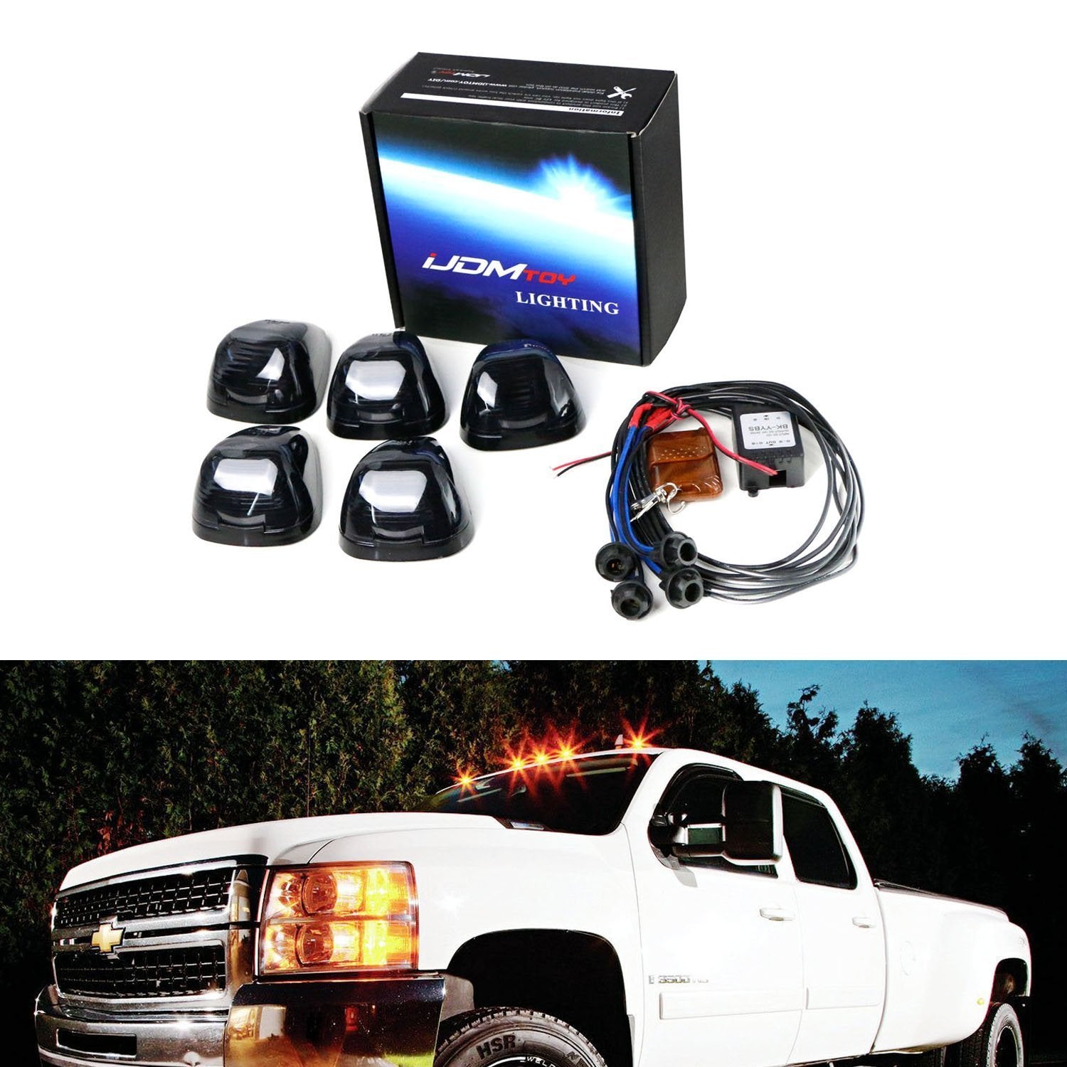 5 Pack Amber LED Black Smoked Cab Roof Marker Lights with Remote Strobe Flash Module - Heavy Duty Truck & Semi Trailer Lighting for Enhanced Visibility & Safety