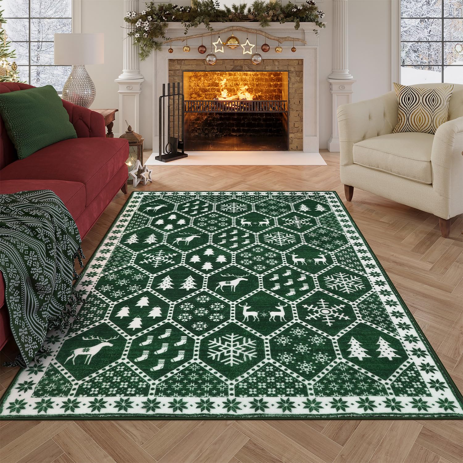 Seavish 8x10 Christmas Area Rug - Soft Low Pile Washable Indoor Rug for Living Room, Bedroom, Dining Room & Entryway - Non-Shedding Holiday Decor Floor Carpet - Perfect for Festive Home Decor and Cozy Winter Gatherings